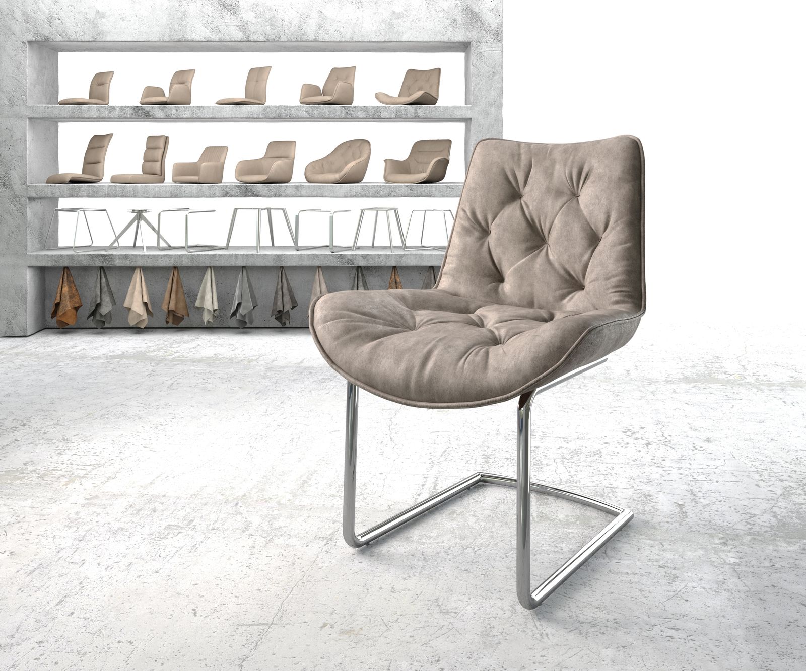 Chaise de salle à manger Taimi-Flex taupe vintage cantilever rond chromé