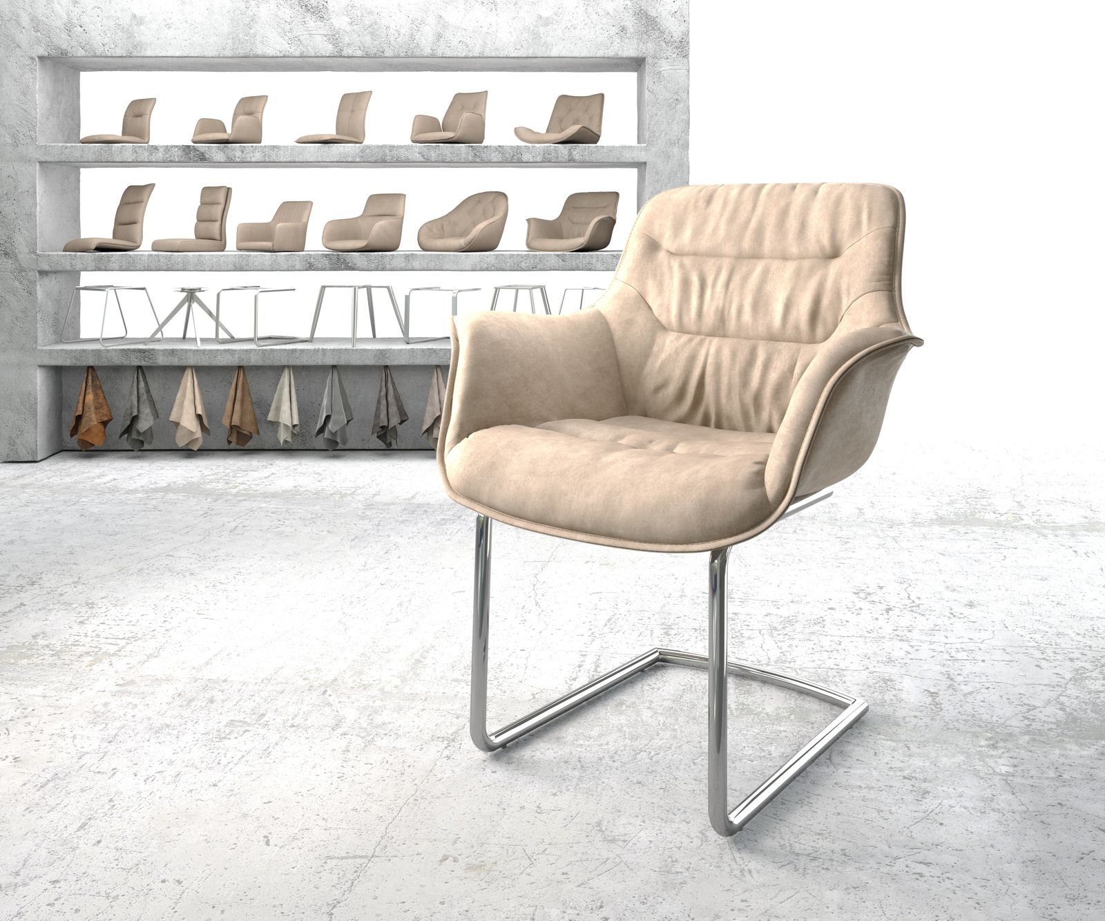 Fauteuil Kaira-Flex beige vintage cantilever rond chromé