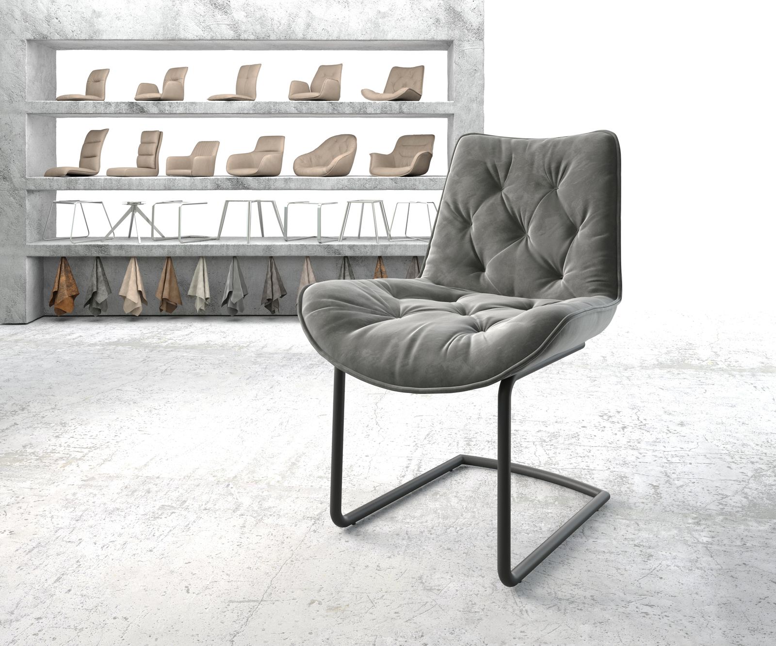 Chaise de salle à manger Taimi-Flex gris velours cantilever rond noir