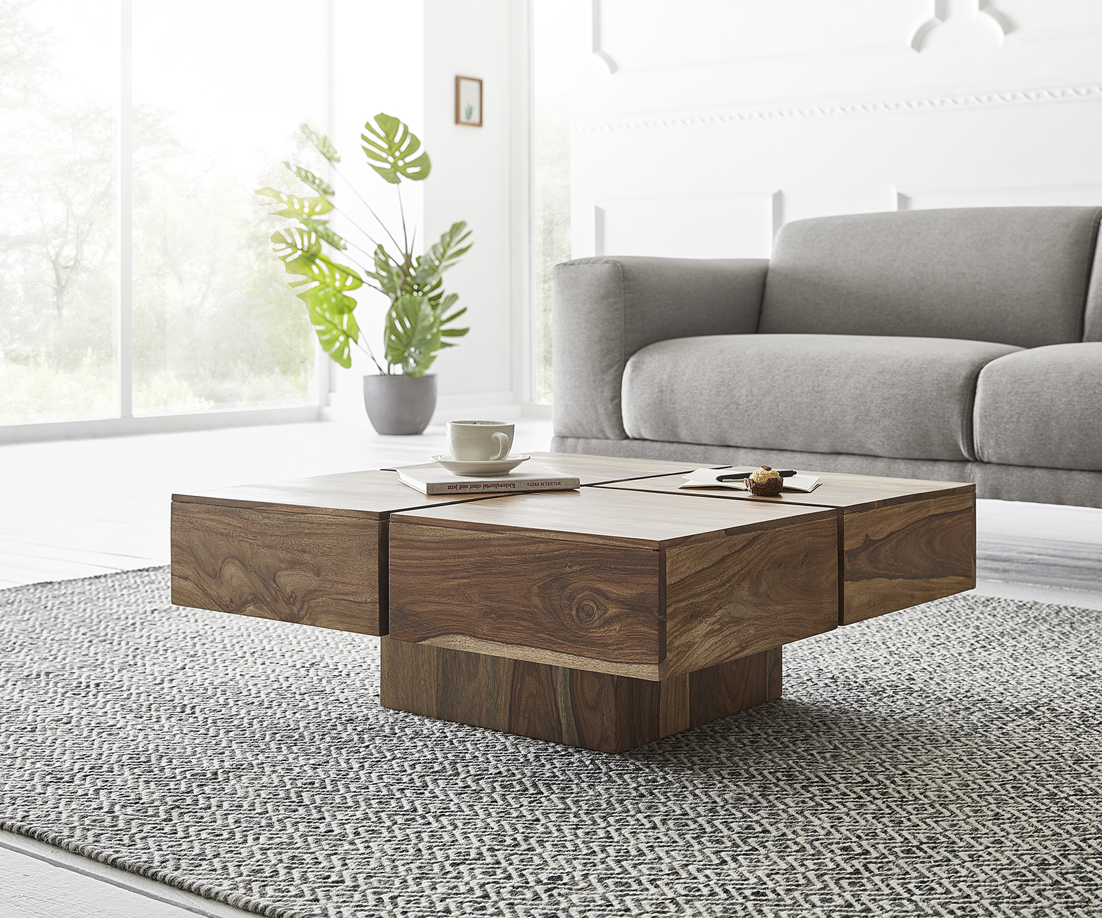 Couchtisch Loca 80x80 cm Sheesham Natur Schattenfuge Massiv, Couchtische