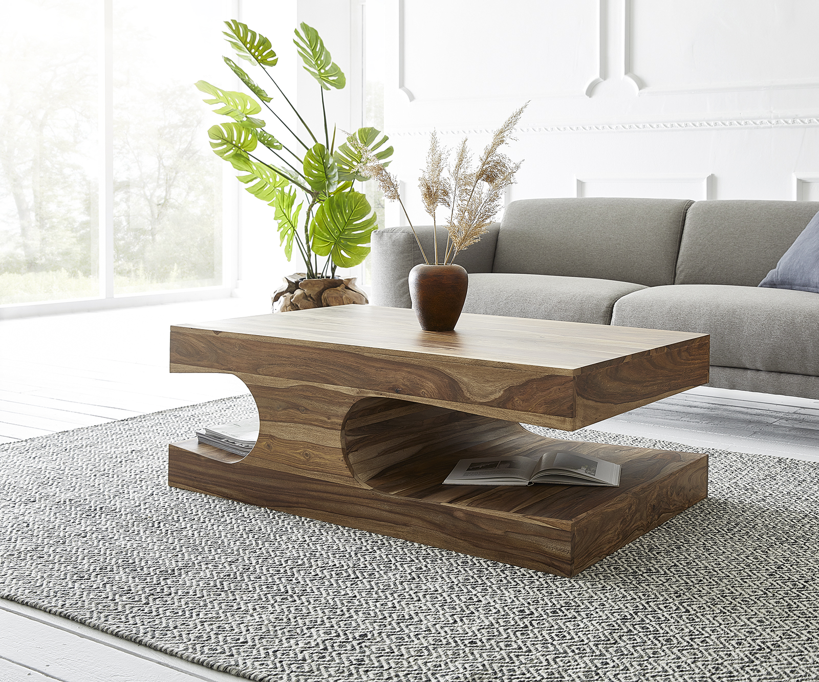 Couchtisch Liz 123x76 cm Sheesham Natur mit Ablagefächern, Couchtische