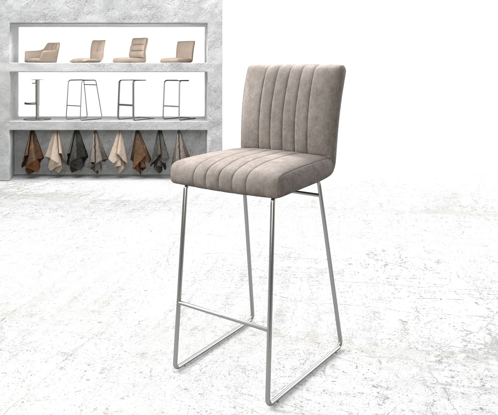 Chaise-de-bar Luiga-Flex vintage taupe cadre patin acier inoxydable