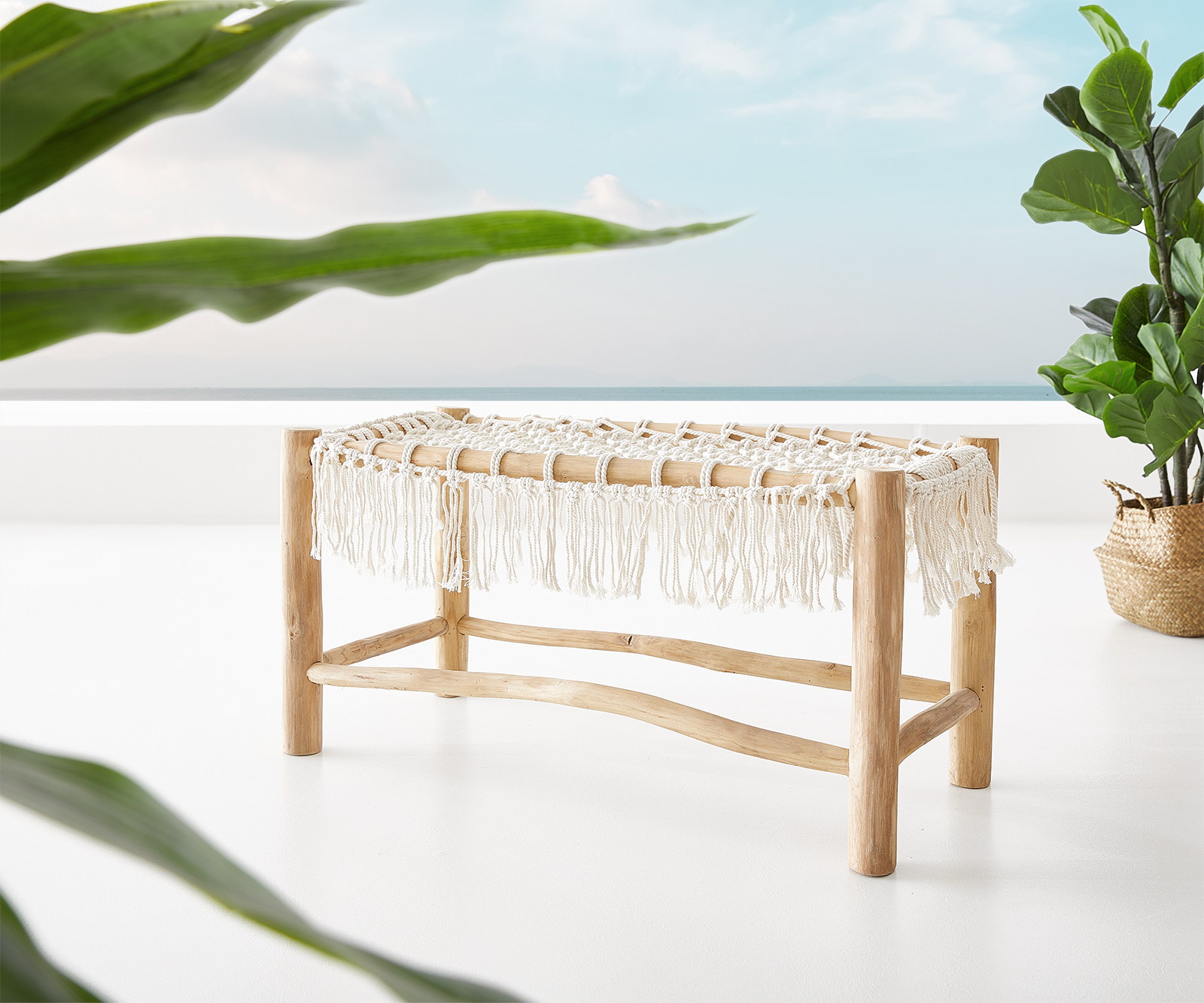 Sitzbank Melania 95x40 cm Teak Natur mit Makramee, Bänke