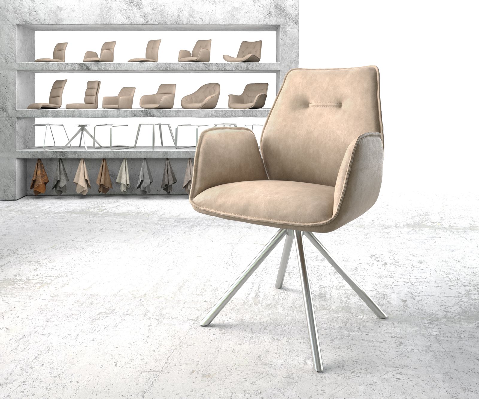 Chaise-pivotante Zoa-Flex beige vintage cadre croisé rond acier inoxydable