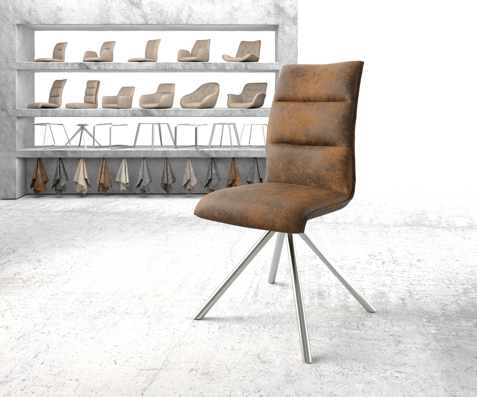 Chaise-pivotante Xantus-Flex marron vintage cadre croisé rond acier inoxydable