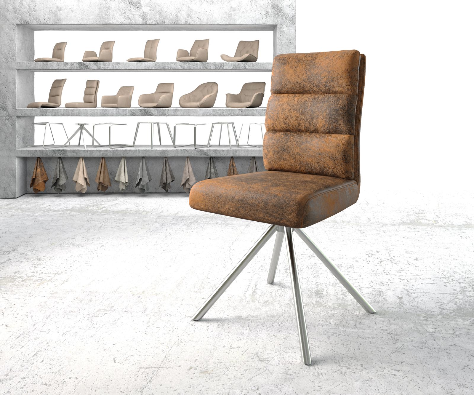 Chaise-pivotante Pela-Flex marron vintage cadre croisé rond acier inoxydable