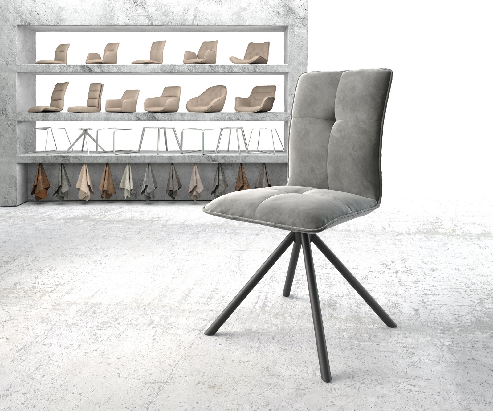 Chaise-pivotante Maddy-Flex gris velours cadre croisé rond noir