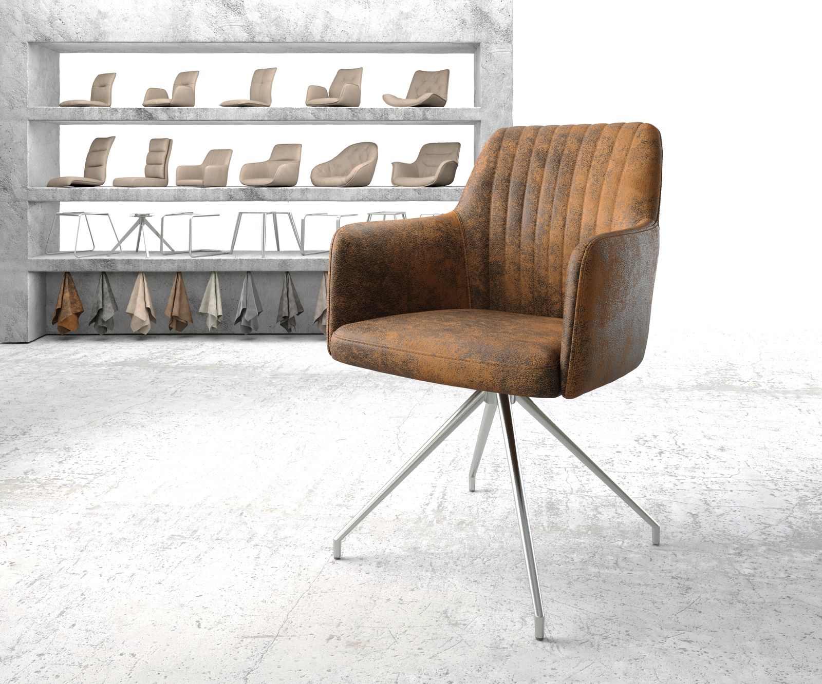 Chaise-pivotante Greg-Flex marron vintage cadre croisé conique acier inoxydable