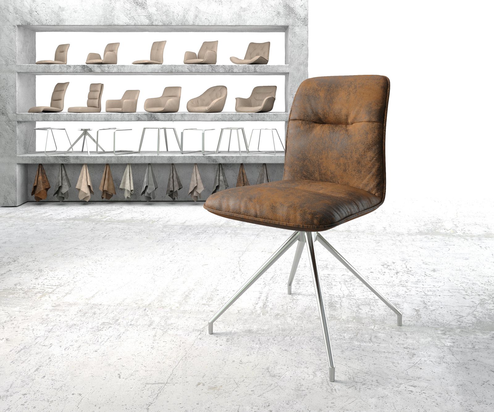 Drehstuhl Vinjo-Flex Braun Vintage Kreuzgestell konisch Edelstahl, Esszimmerstühle