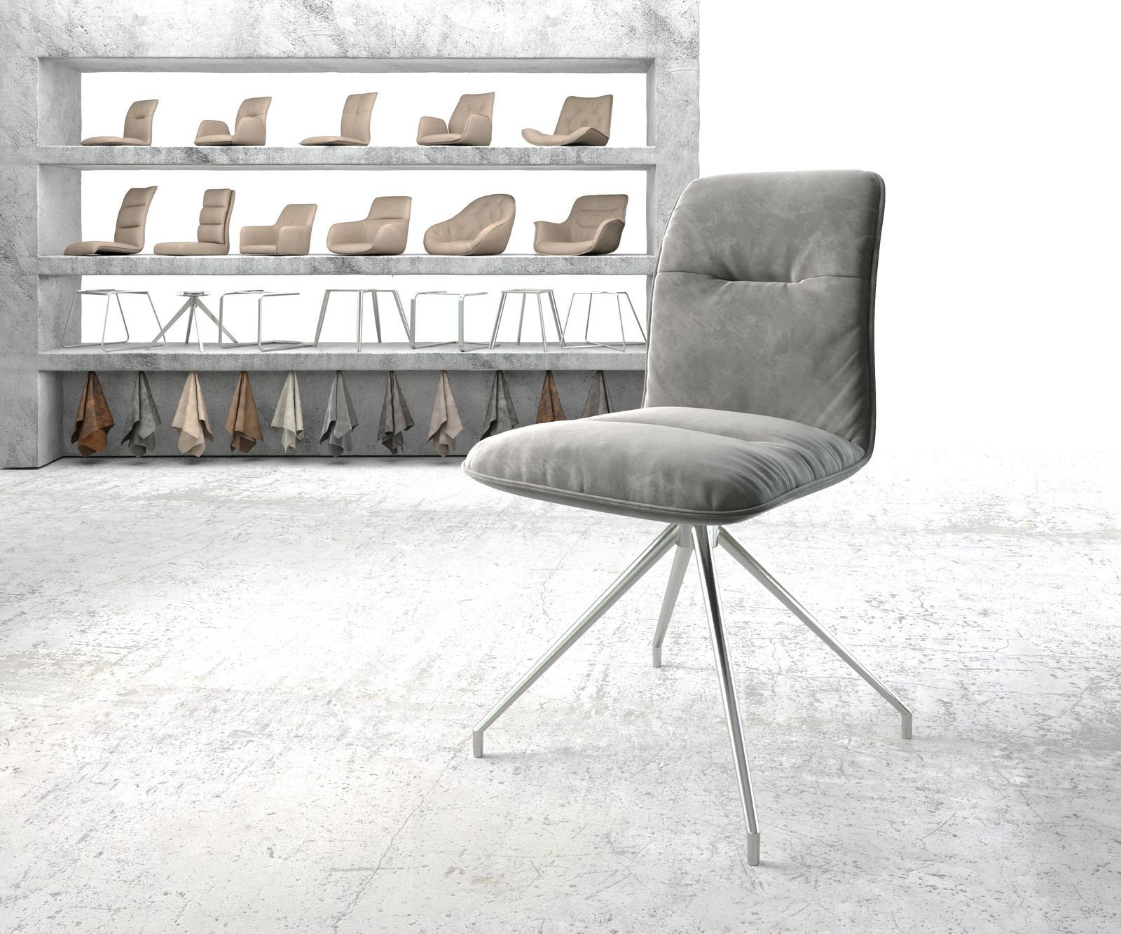 Chaise-pivotante Vinjo-Flex gris velours cadre croisé conique acier inoxydable