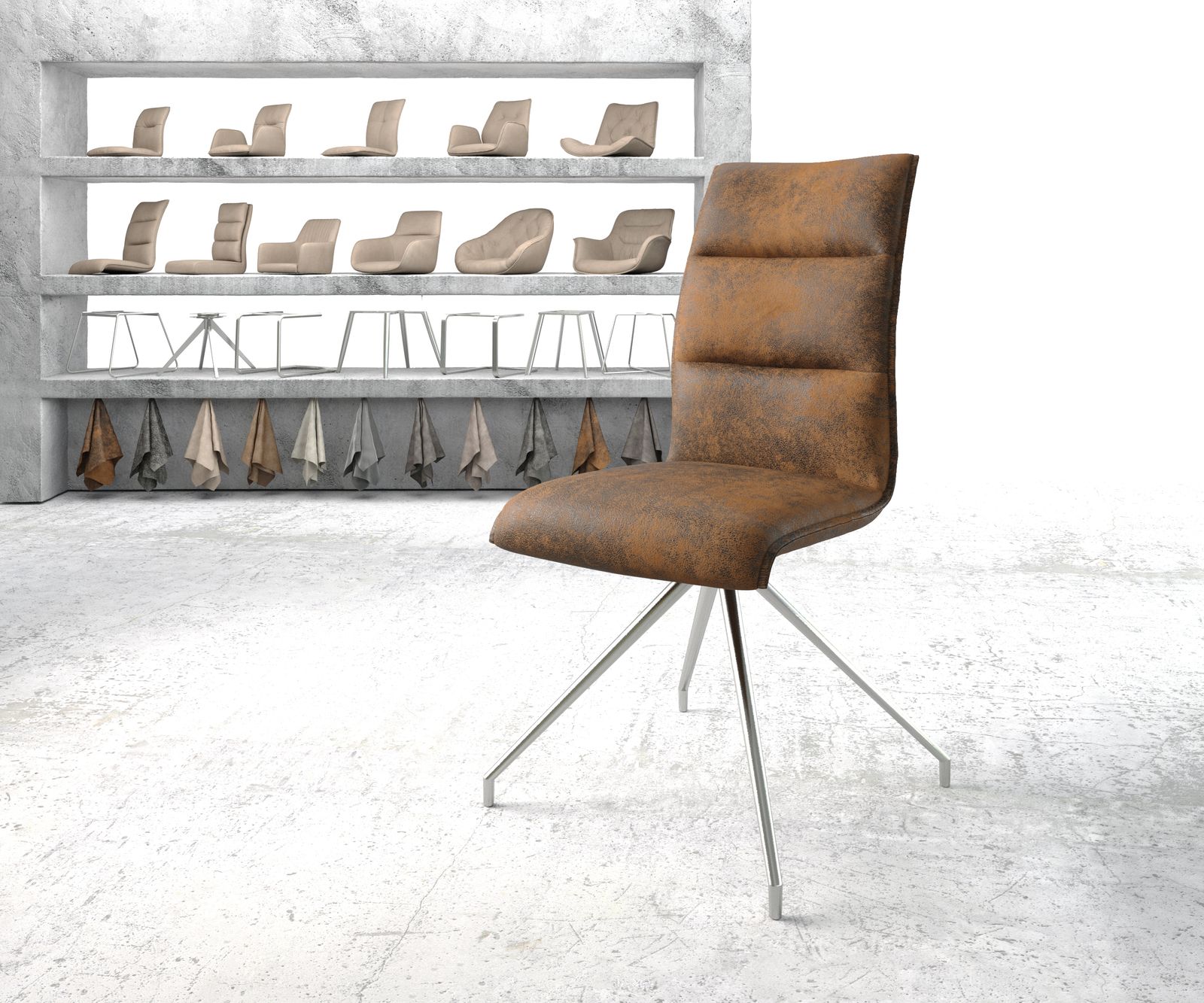 Chaise-pivotante Xantus-Flex marron vintage cadre croisé conique acier inoxydable