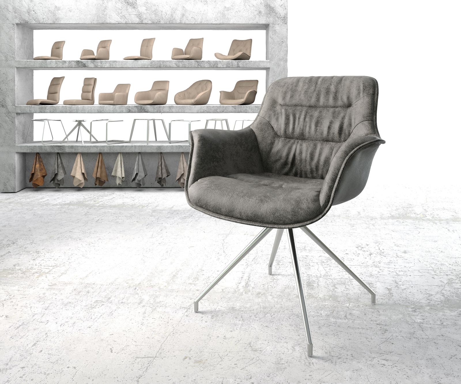 Chaise-pivotante Kaira-Flexgris vintage cadre croisé conique acier inoxydable