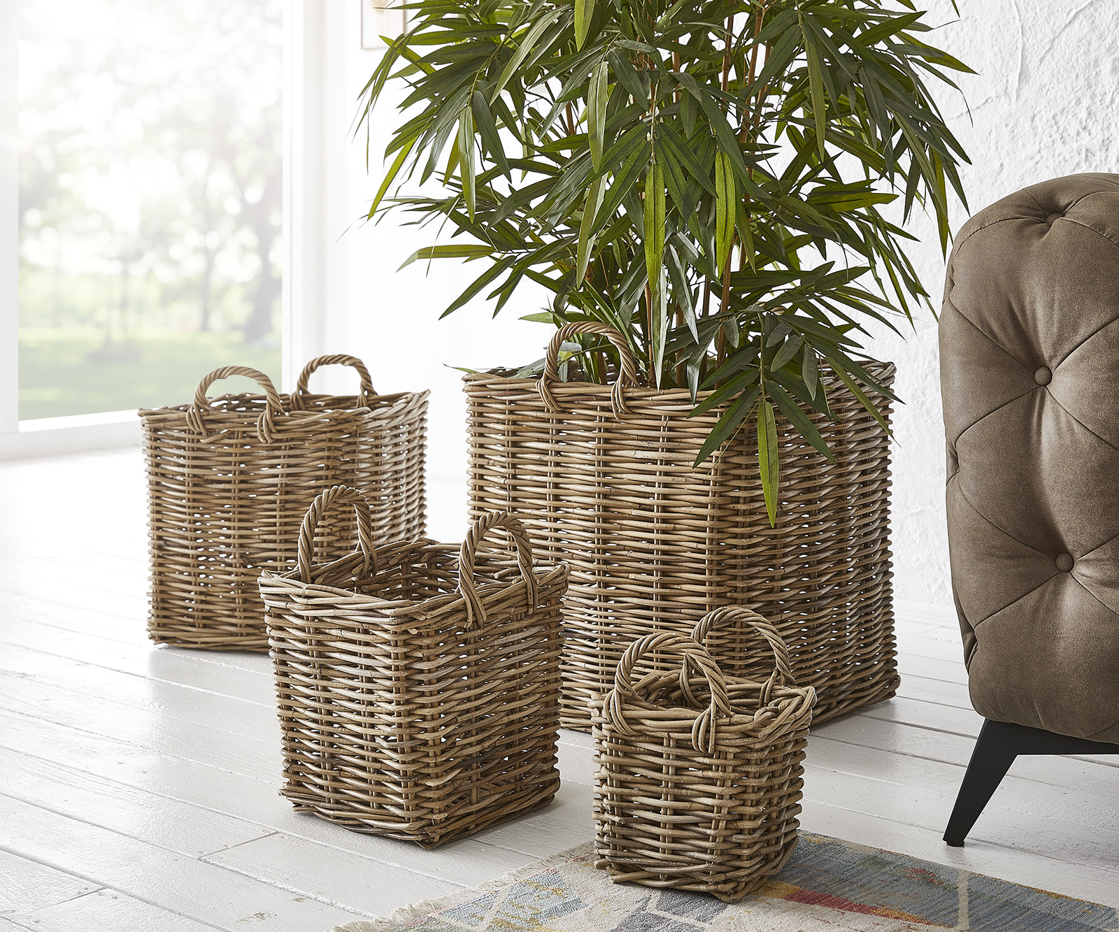 Korb Kimpi 58x51cm 4er-Set Rattan Natur Geflochten Quadratisch, Dekoartikel