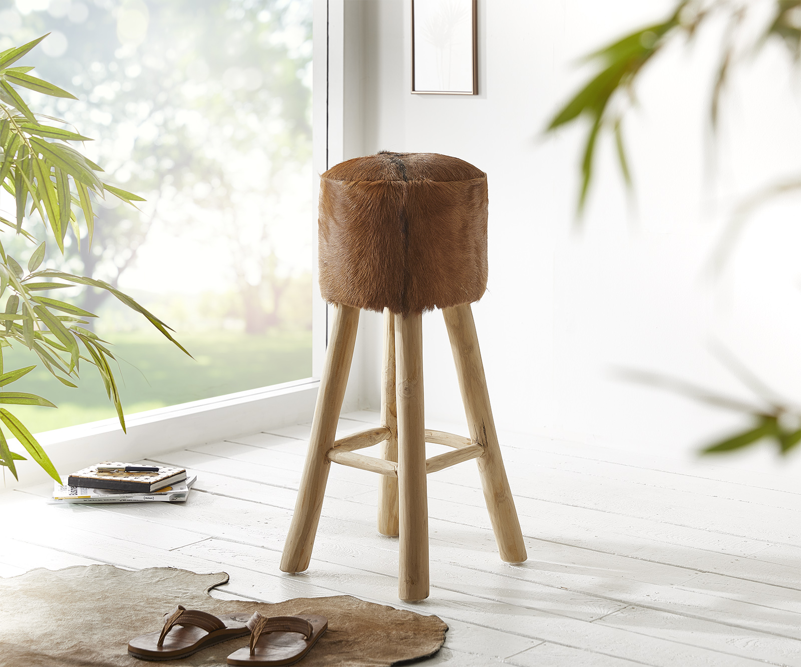 Barstuhl Koza 77x36 cm Ziegenfell Braun Teakholz, Sitzhocker / Sitzwürfel