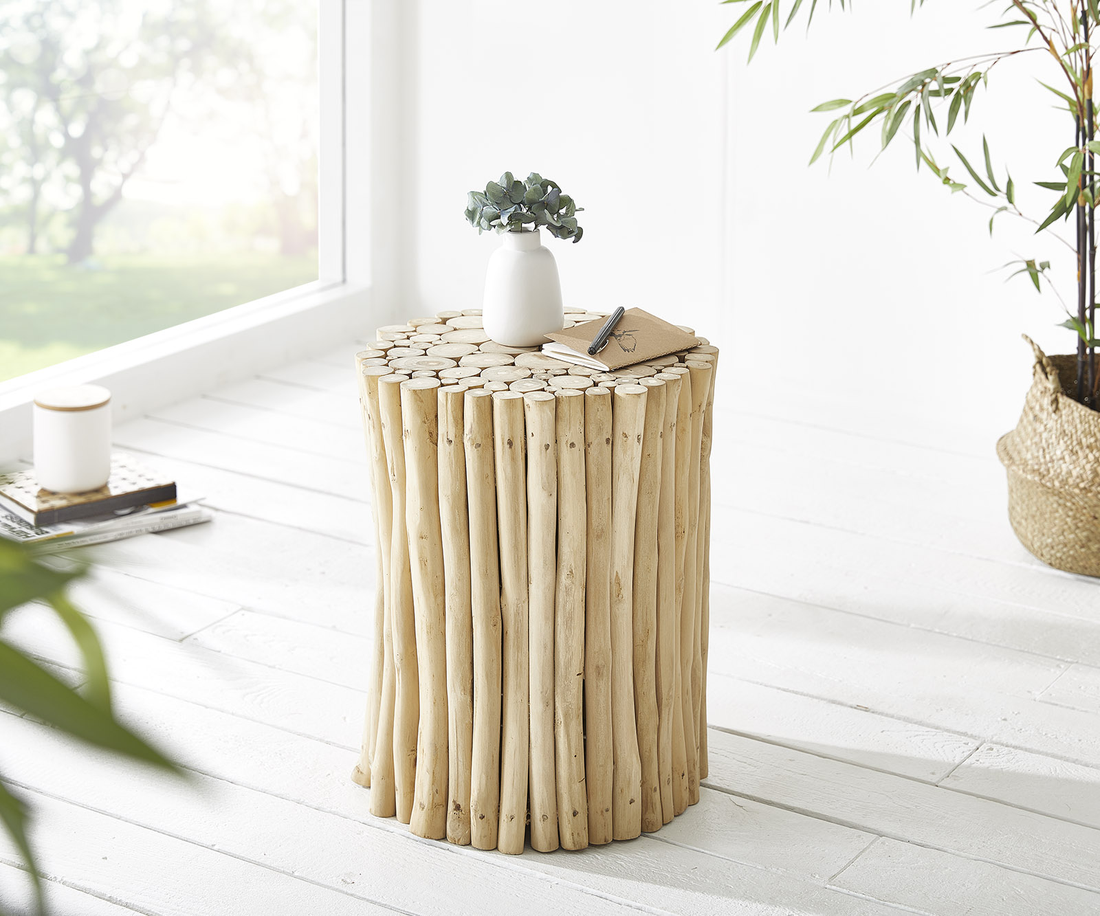 Sitzhocker Salita 37x37 Rund Natur Massiv aus Teakholzzweigen, Sitzhocker / Sitzwürfel