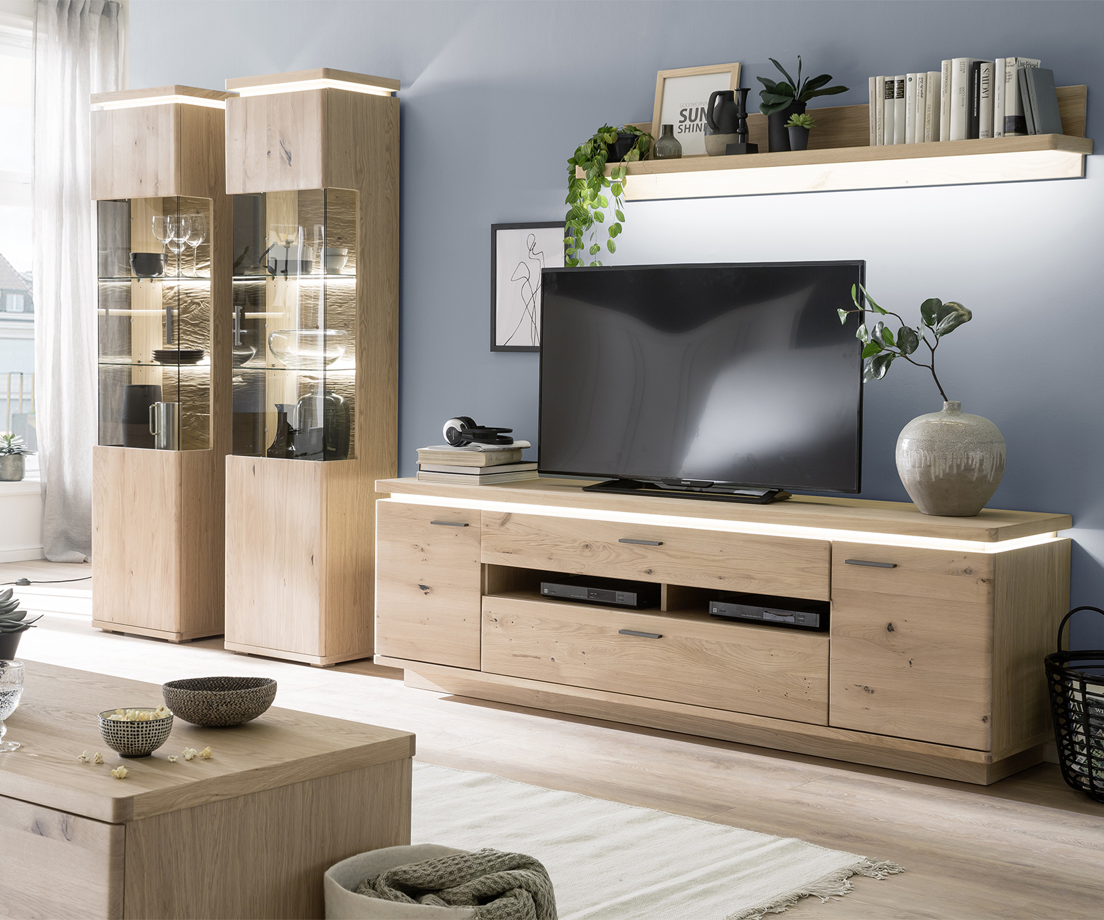 Vitrine Haifa 200x50 cm chêne naturel éclairage LED