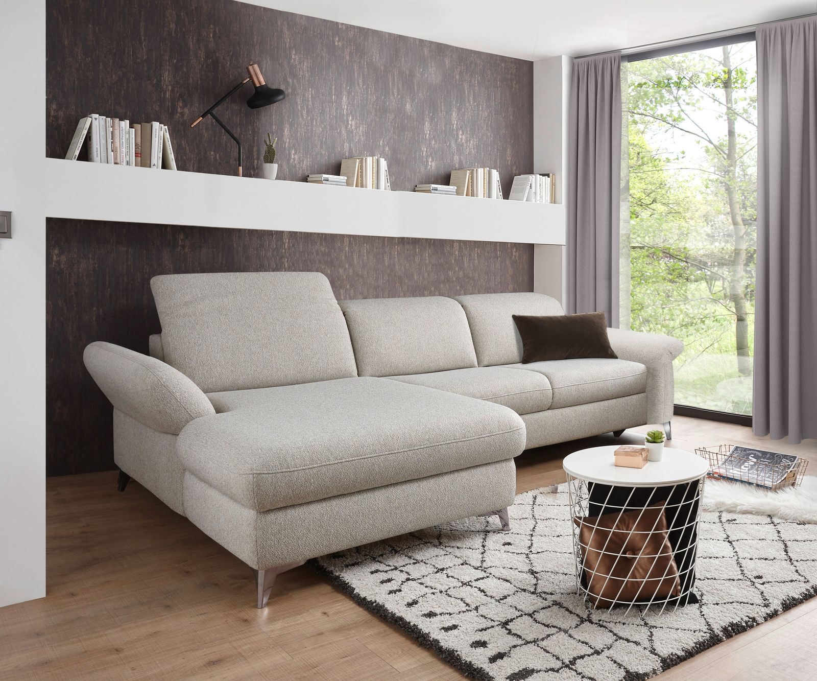 Canapé-d'angle Patmos 288 x 172 cm tissu fin pouf beige gauche