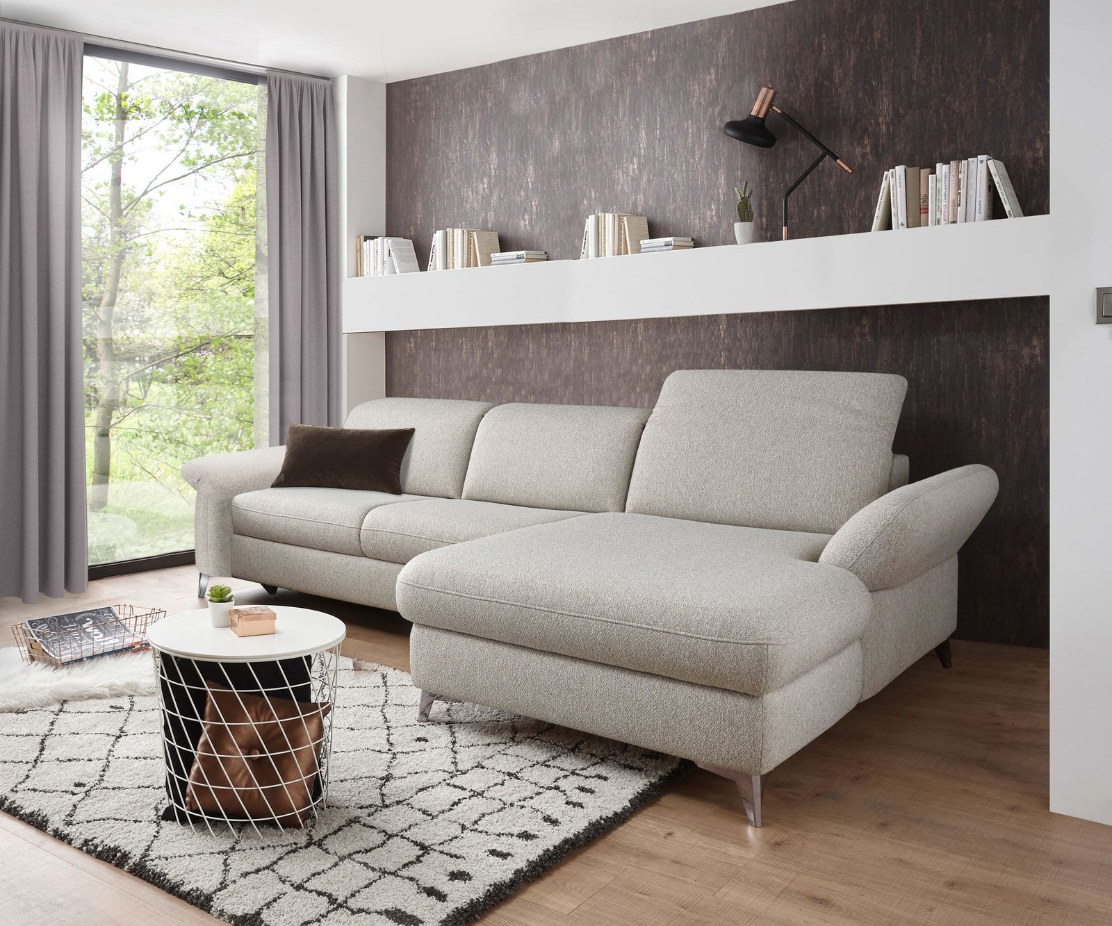 Canapé-d'angle Patmos 288 x 172 cm Tissu fin Beige Pouf Droit