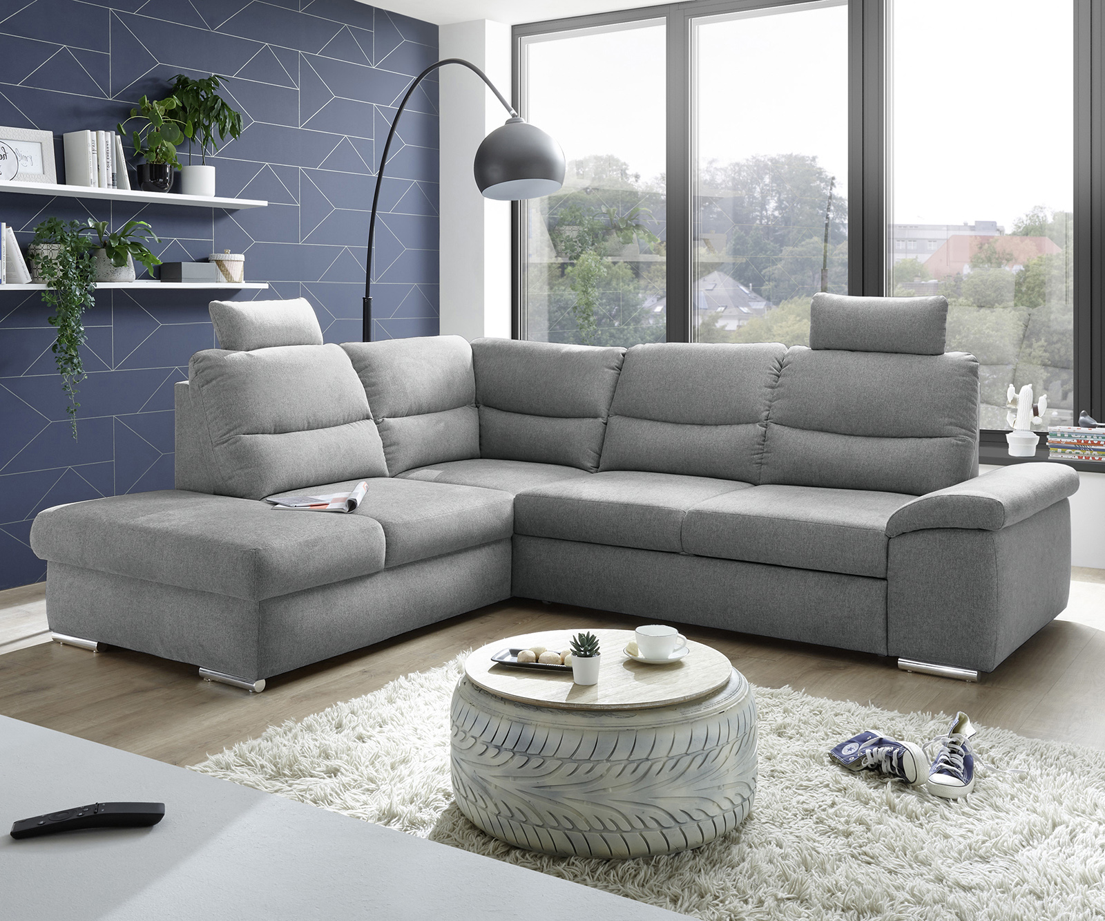 Canapé-d'angle Abbey 257x 218 cm Tissu gris Pouf gauche