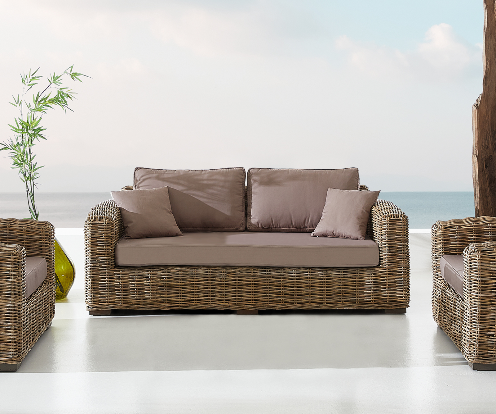 Outdoor-Sofa Nizza 2-Sitzer Rattan grau 180x95 cm mit braunen Kissen