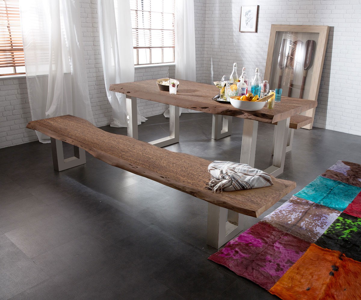 Sitzbank Live-Edge 175x40 cm Akazie Braun Gestell Breit, Bänke, Baumkantenmöbel, Massivholzmöbel, Massivholz