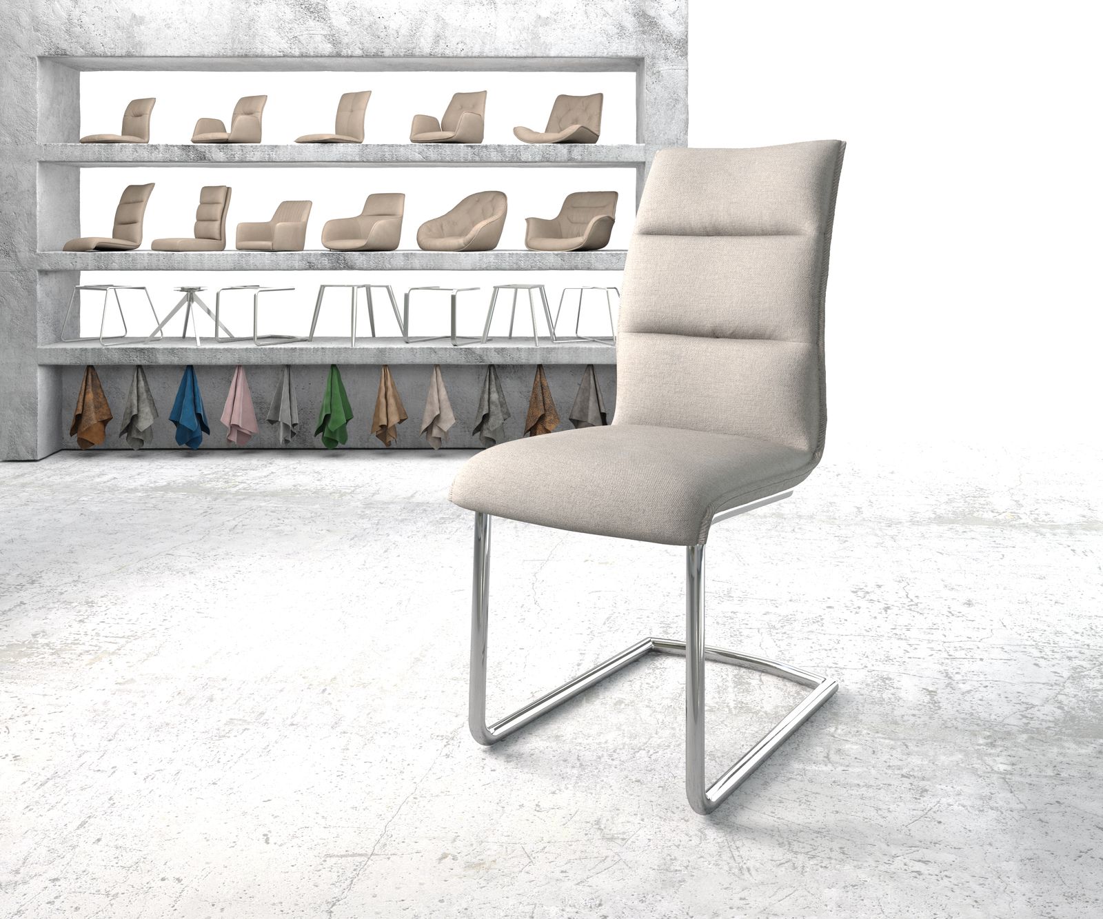 Chaise-de-salle-à-manger Xantus-Flex gris clair rayures cantilever rond chromé