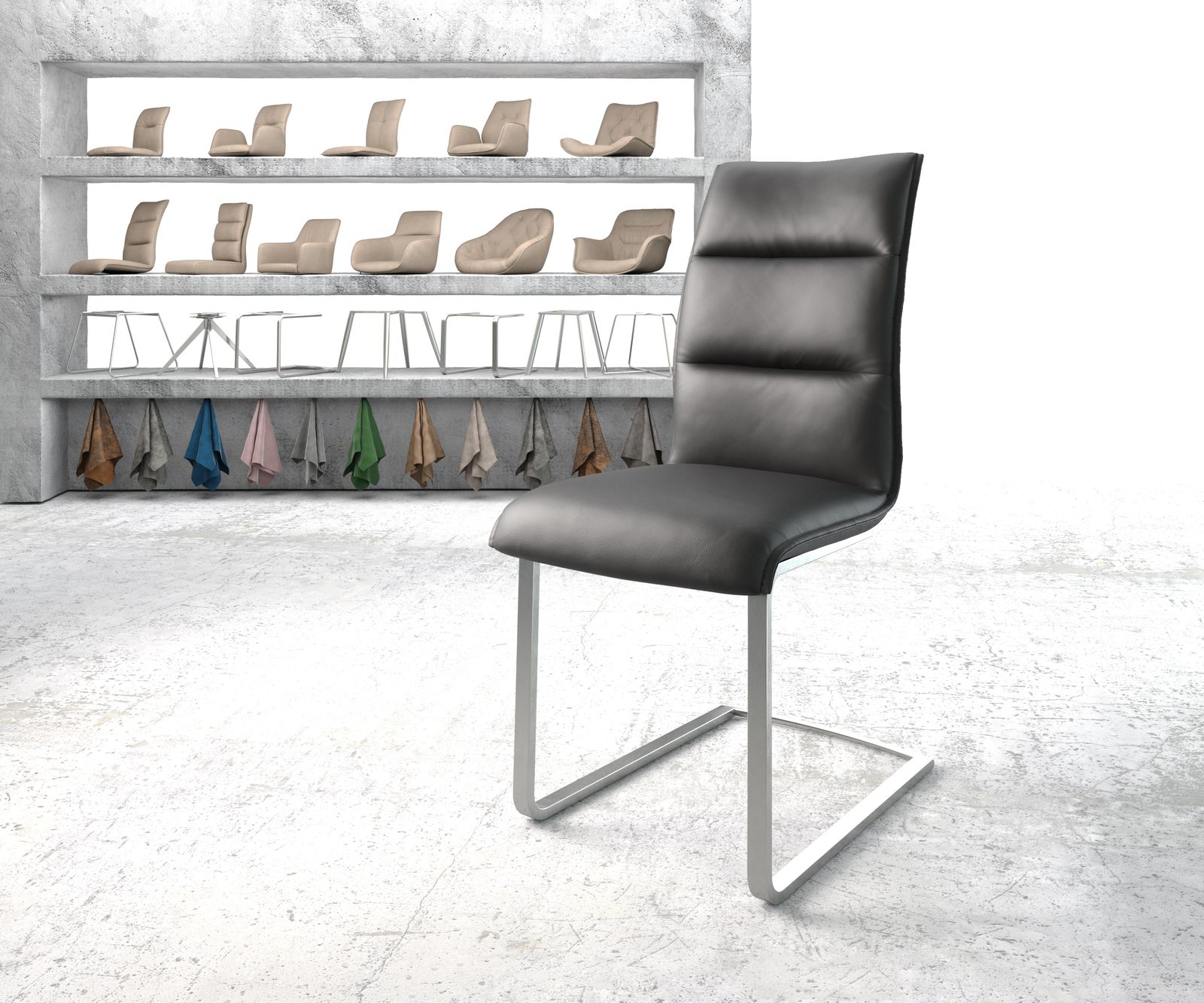 Chaise-de-salle-à-manger Xantus-Flex noir cuir véritable cantilever plat acier inoxydable