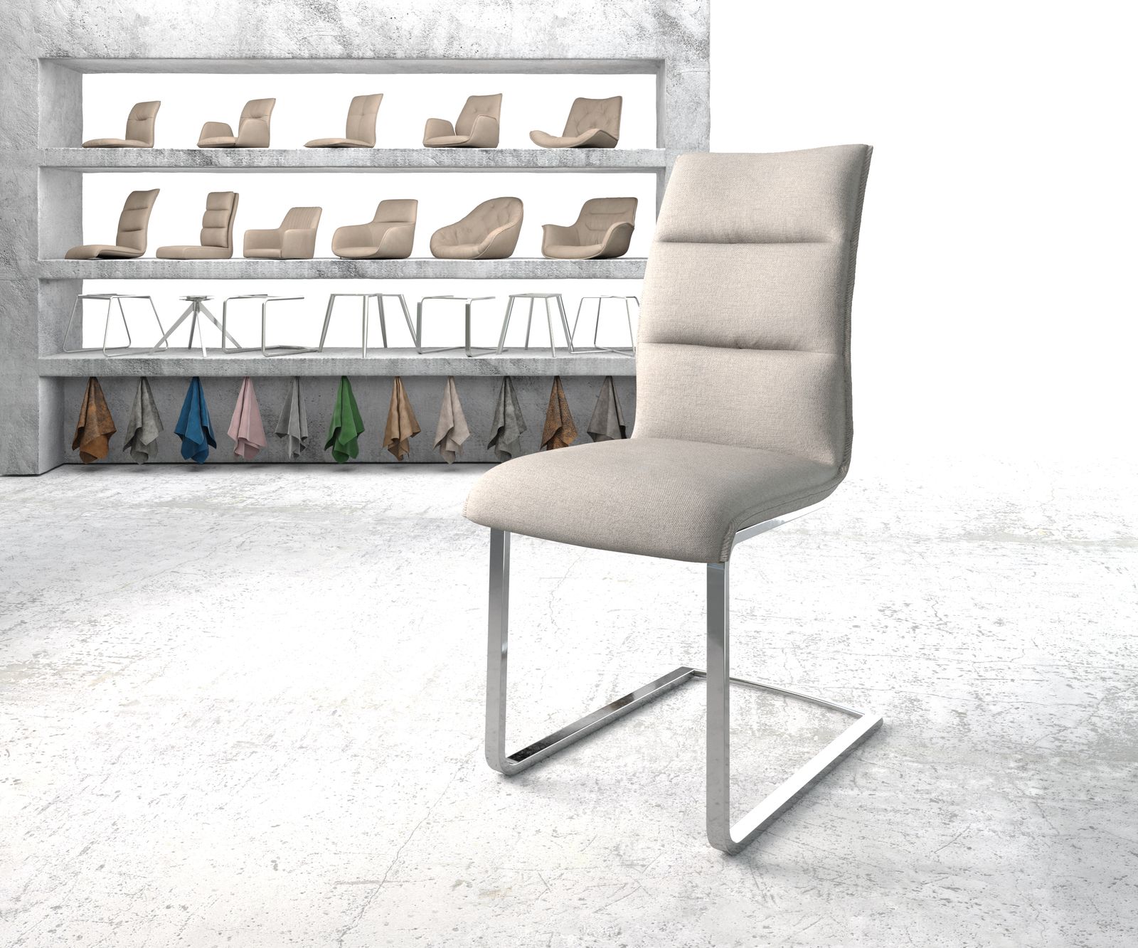 Chaise-de-salle-à-manger Xantus-Flex gris clair rayures cantilever plat chromé