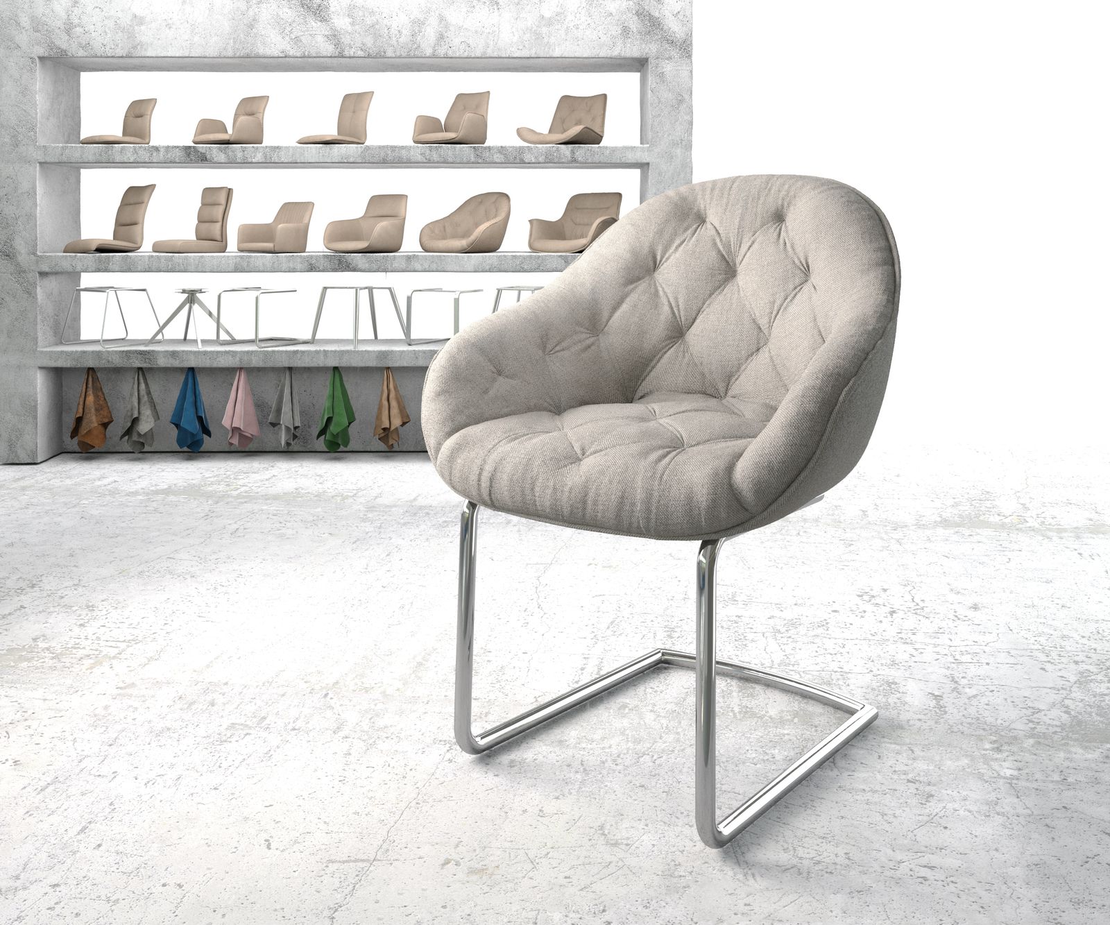 Fauteuil Gaio-Flex gris clair rayures cantilever rond chromé