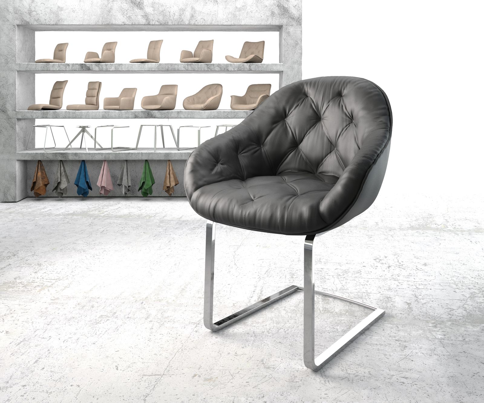 Fauteuil Gaio-Flex noir cuir véritable cantilever plat chromé