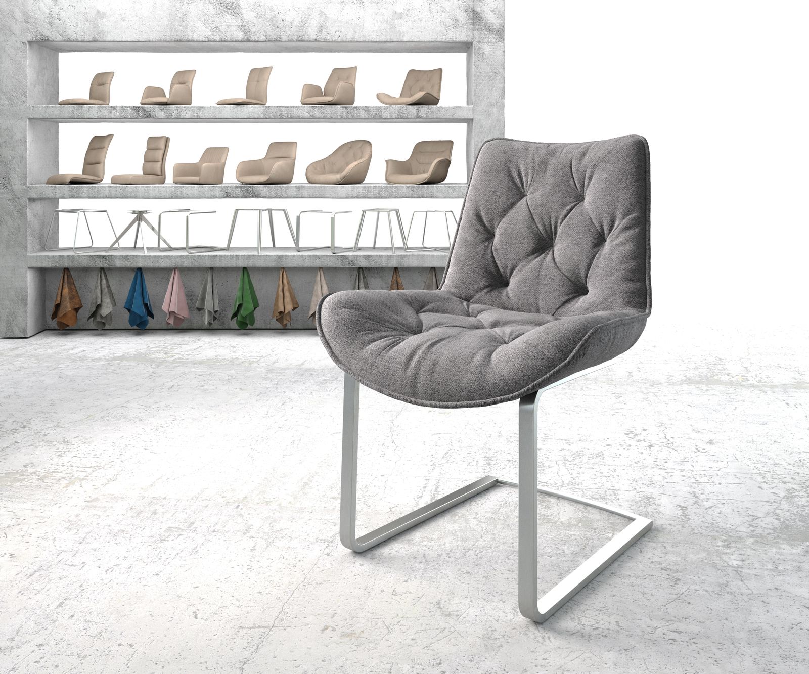 Chaise-de-salle-à-manger Taimi-Flex gris clair structure cantilever plat acier inoxydable