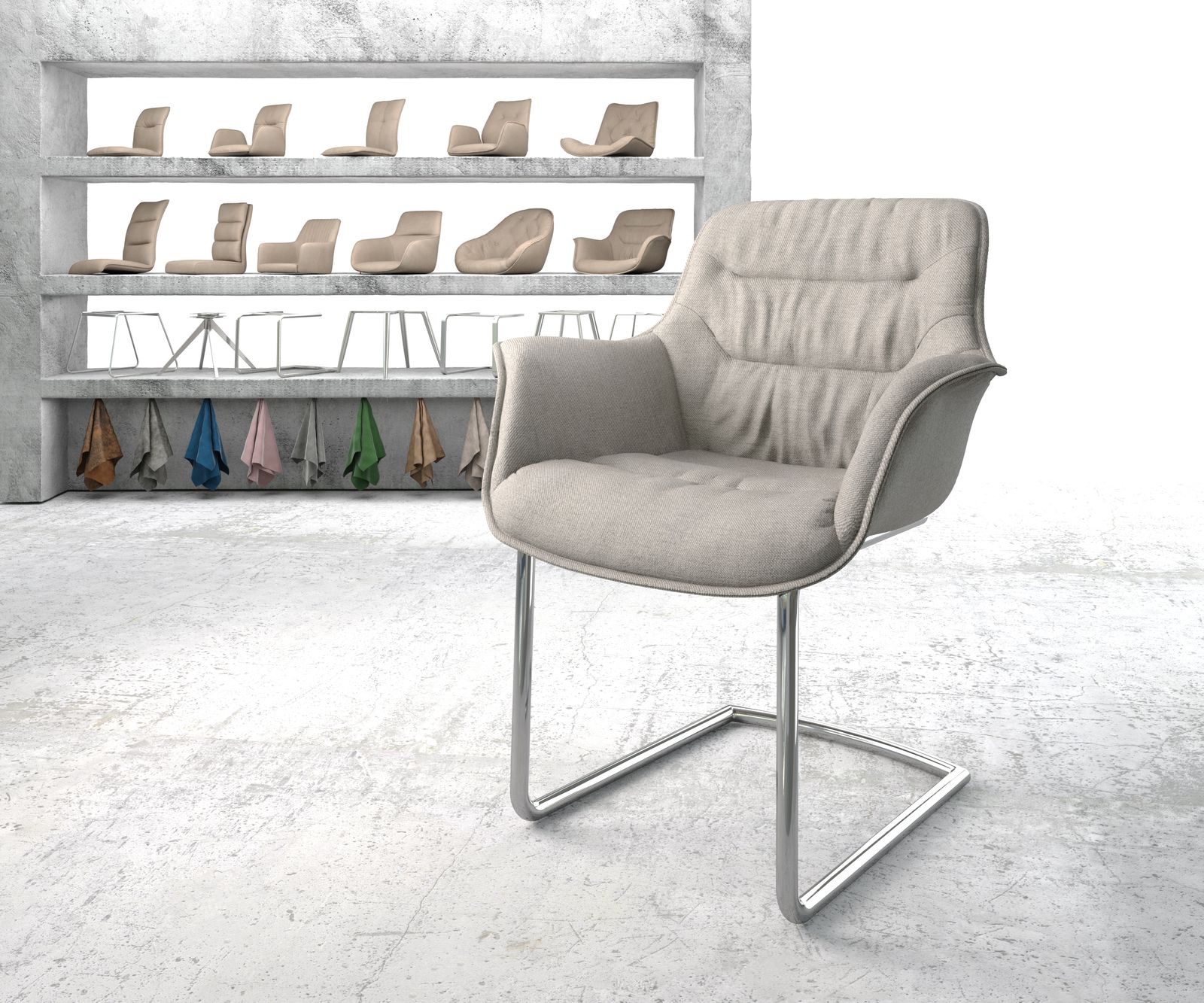 Fauteuil Kaira-Flex gris clair rayures cantilever rond chromé
