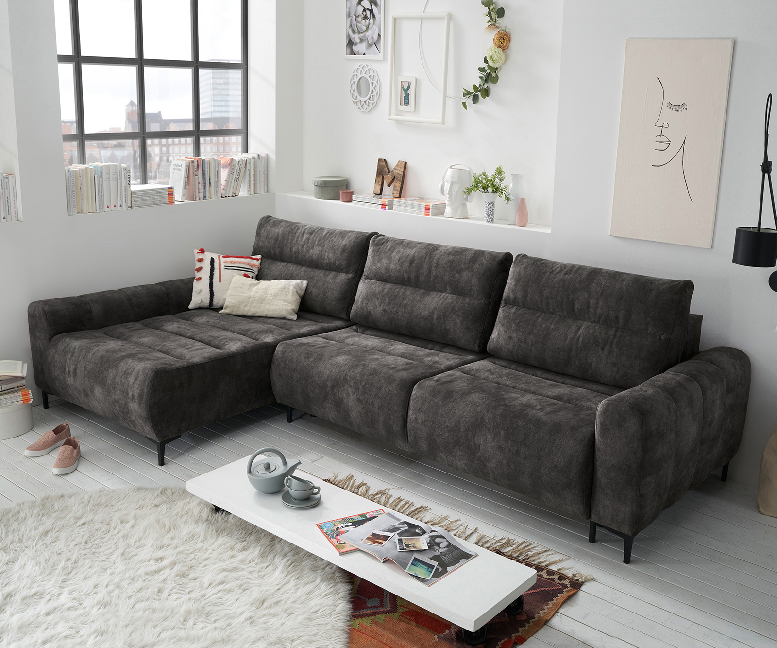 Canapé-d'angle Colon 316x184 Graphite Récamière gauche incl. sommier avec fonction sommeil