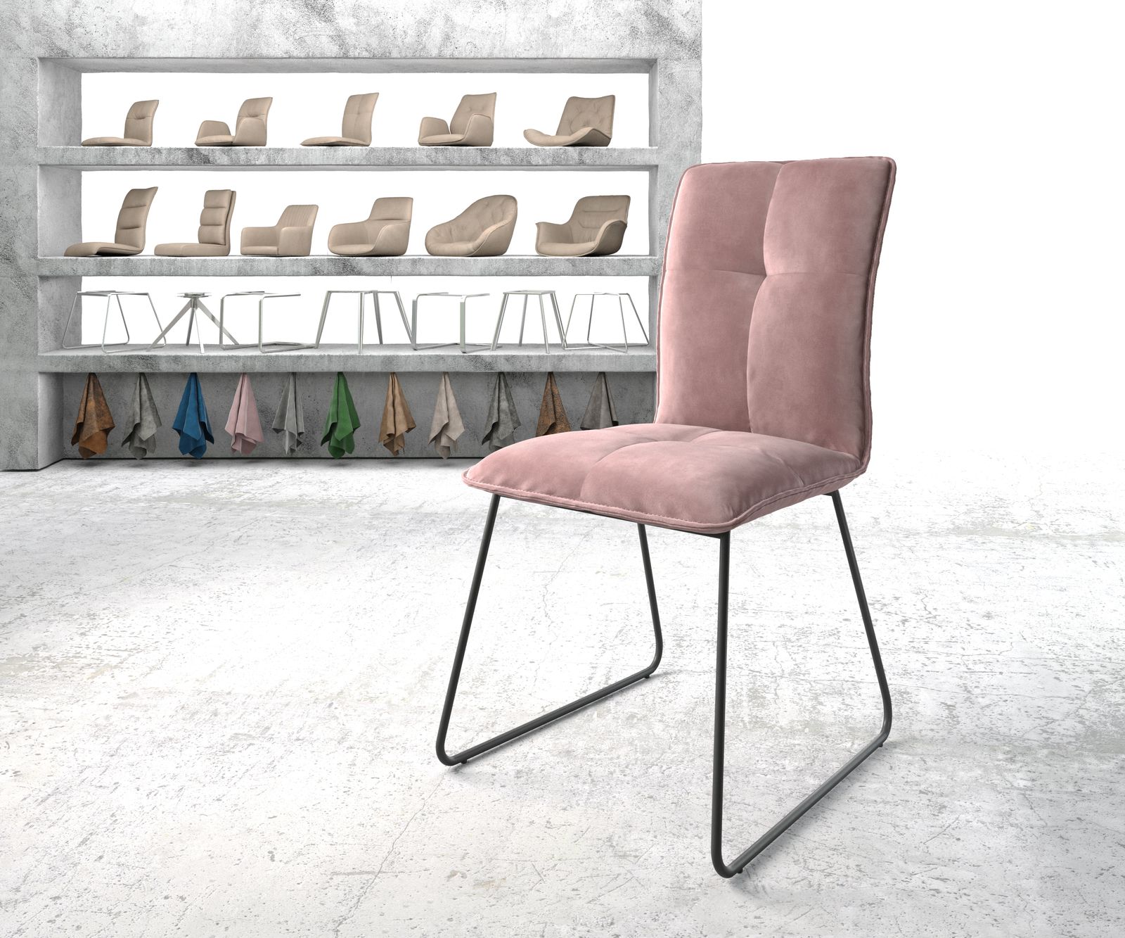 Chaise-de-salle-à-manger Maddy-Flex rosé velours cadre croisé noir