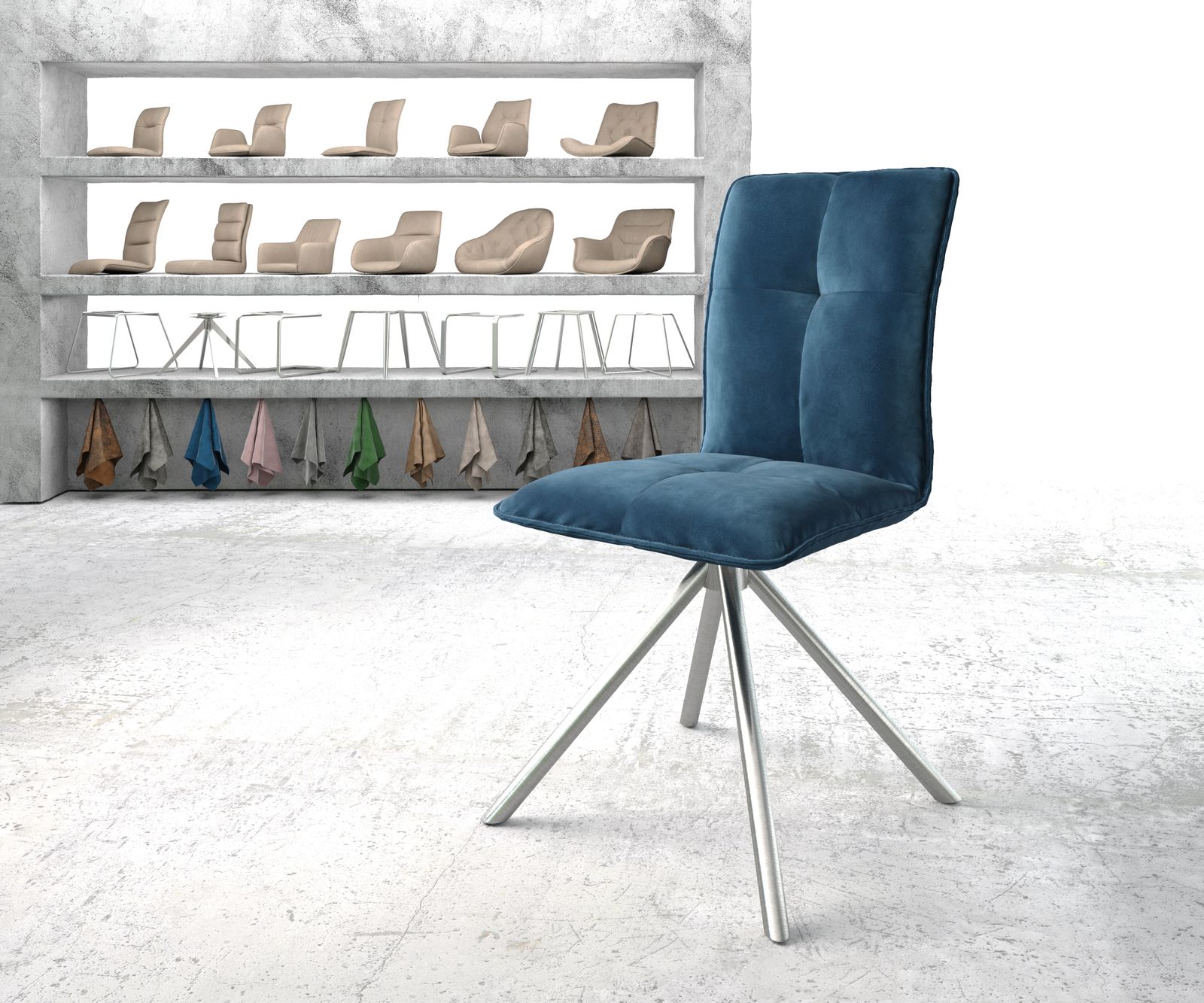 Chaise-pivotante Maddy-Flex bleu velours cadre croisé rond acier inoxydable