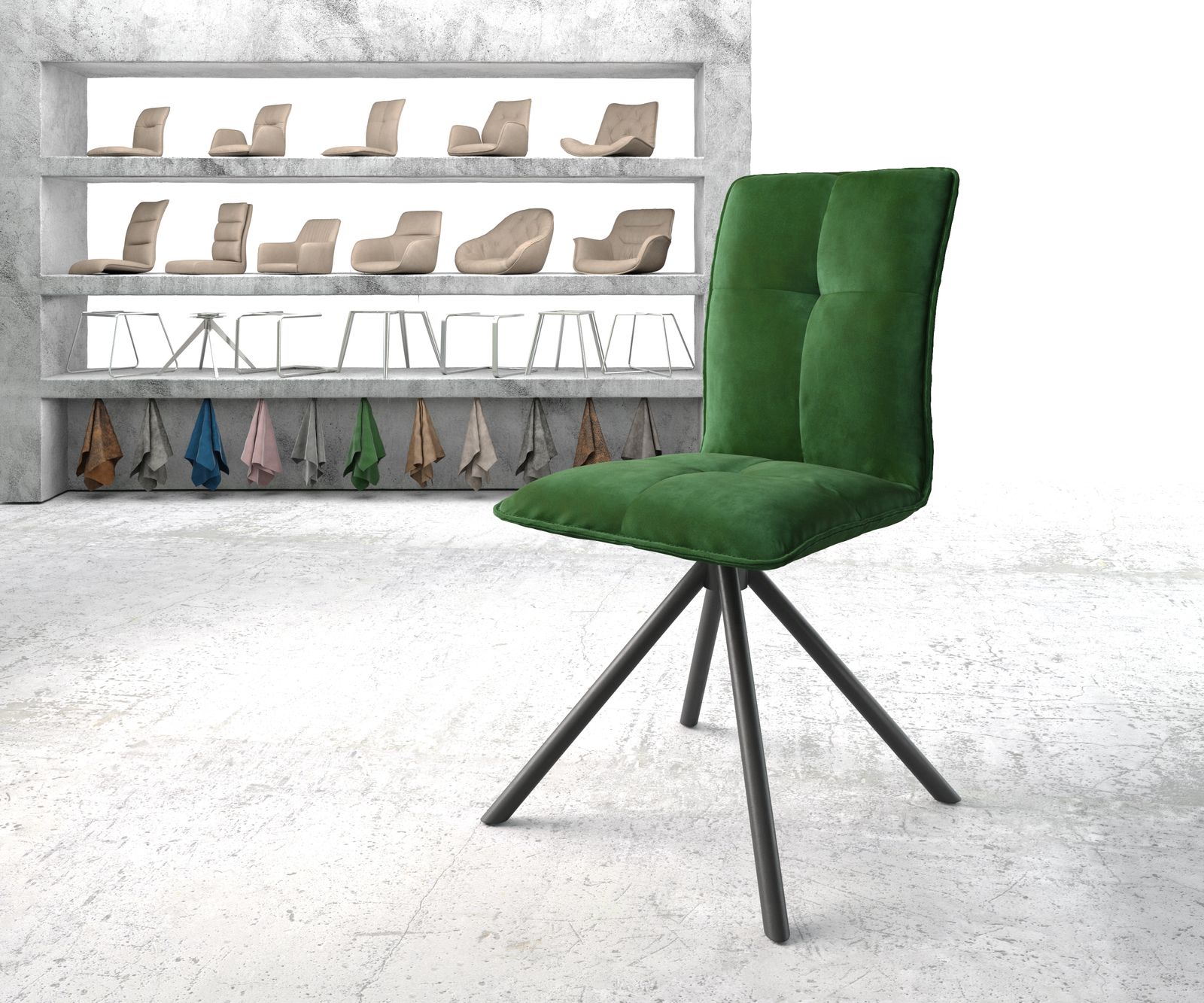 Chaise-pivotante Maddy-Flex vert velours cadre croisé rond noir