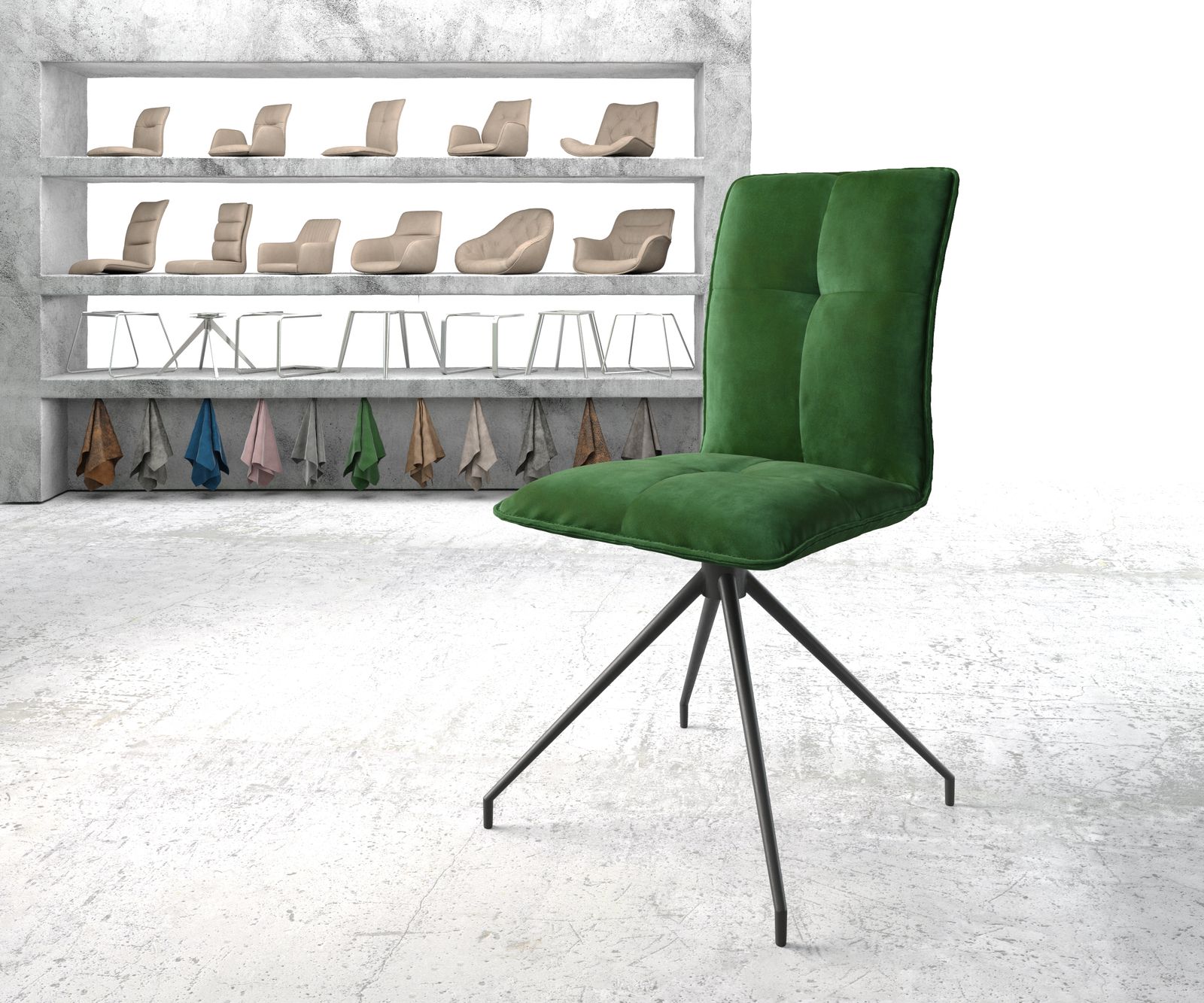 Chaise-pivotante Maddy-Flex vert velours cadre croisé conique noir