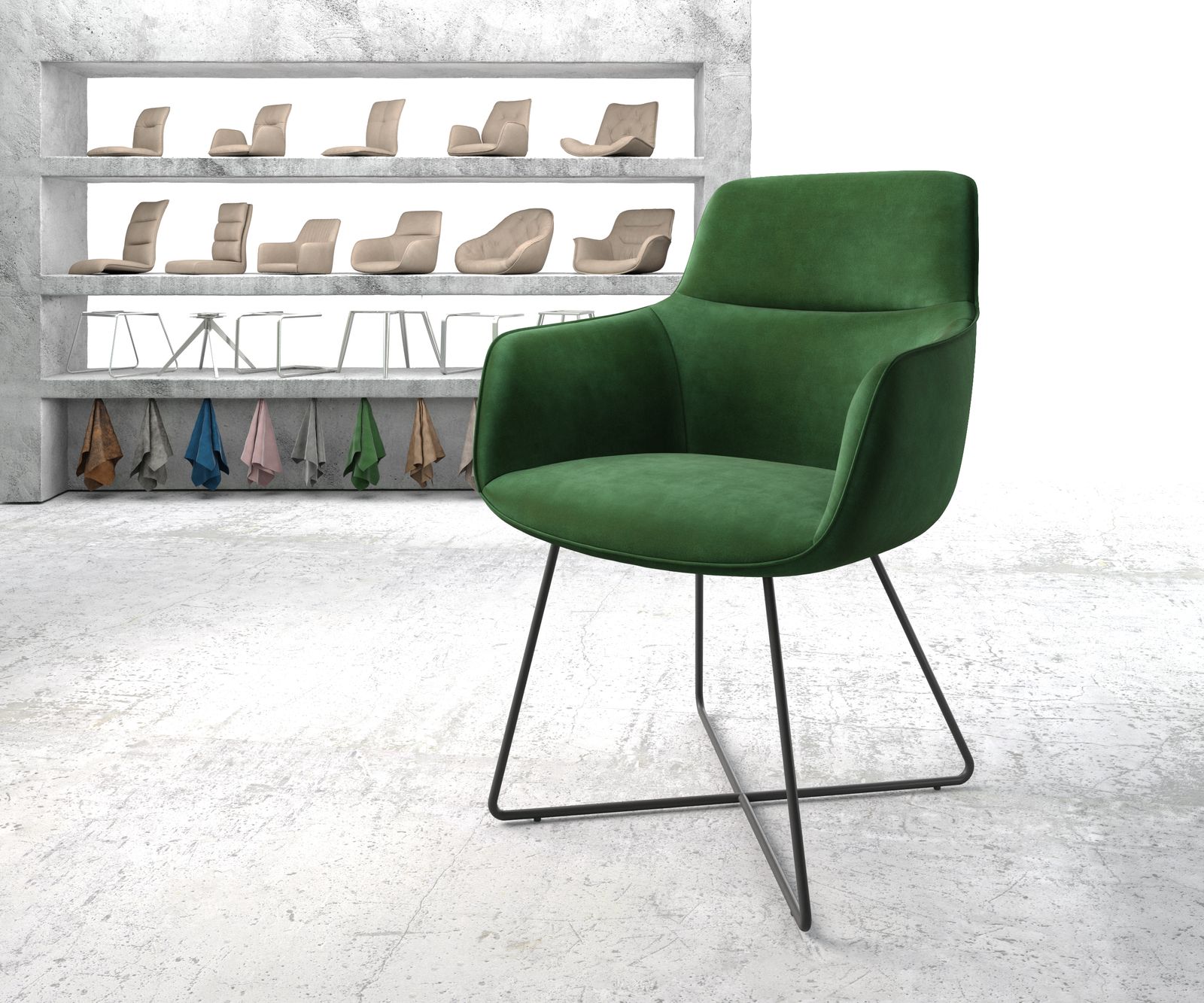 Chaise-de-salle-à-manger Pejo-Flex vert velours cadre en X noir