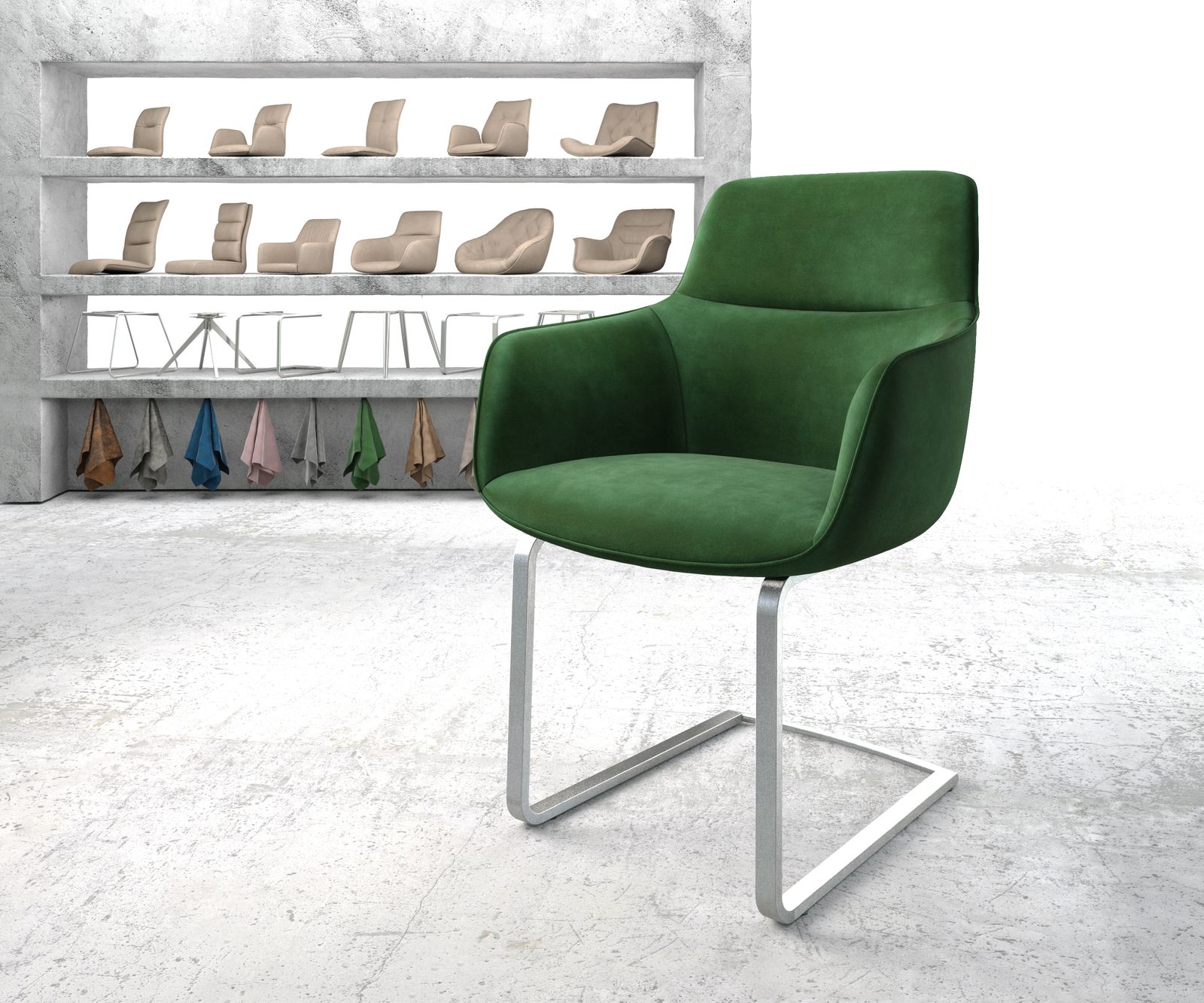 Chaise-de-salle-à-manger Pejo-Flex vert velours cantilever plat acier inoxydable