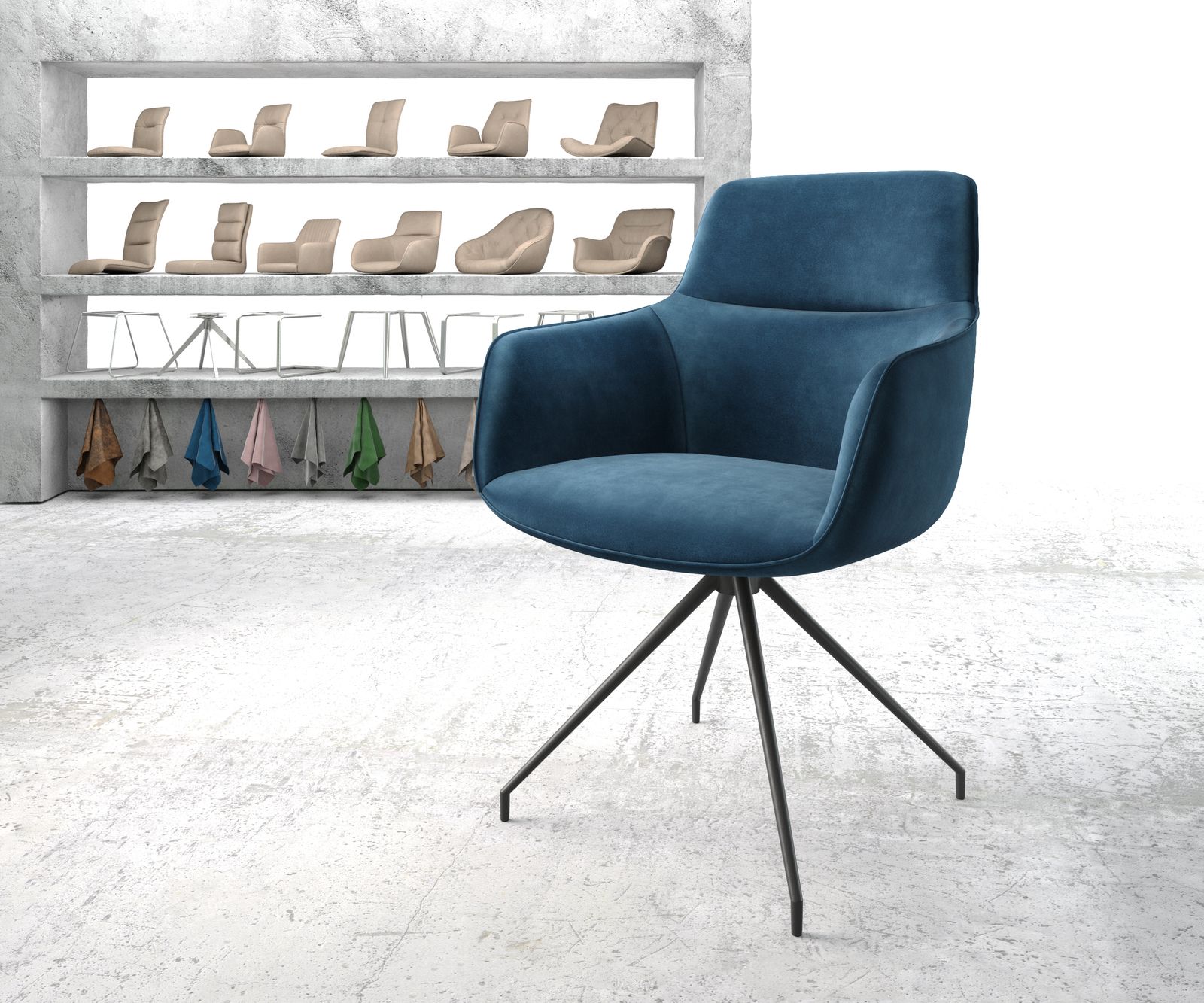 Chaise-pivotante Pejo-Flex bleu velours cadre croisé conique noir