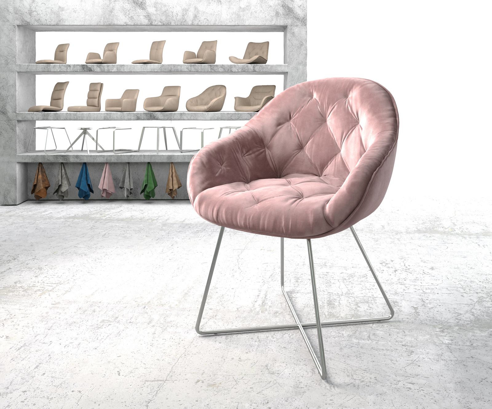 Fauteuil Gaio-Flex rosé velours cadre en X acier inoxydable
