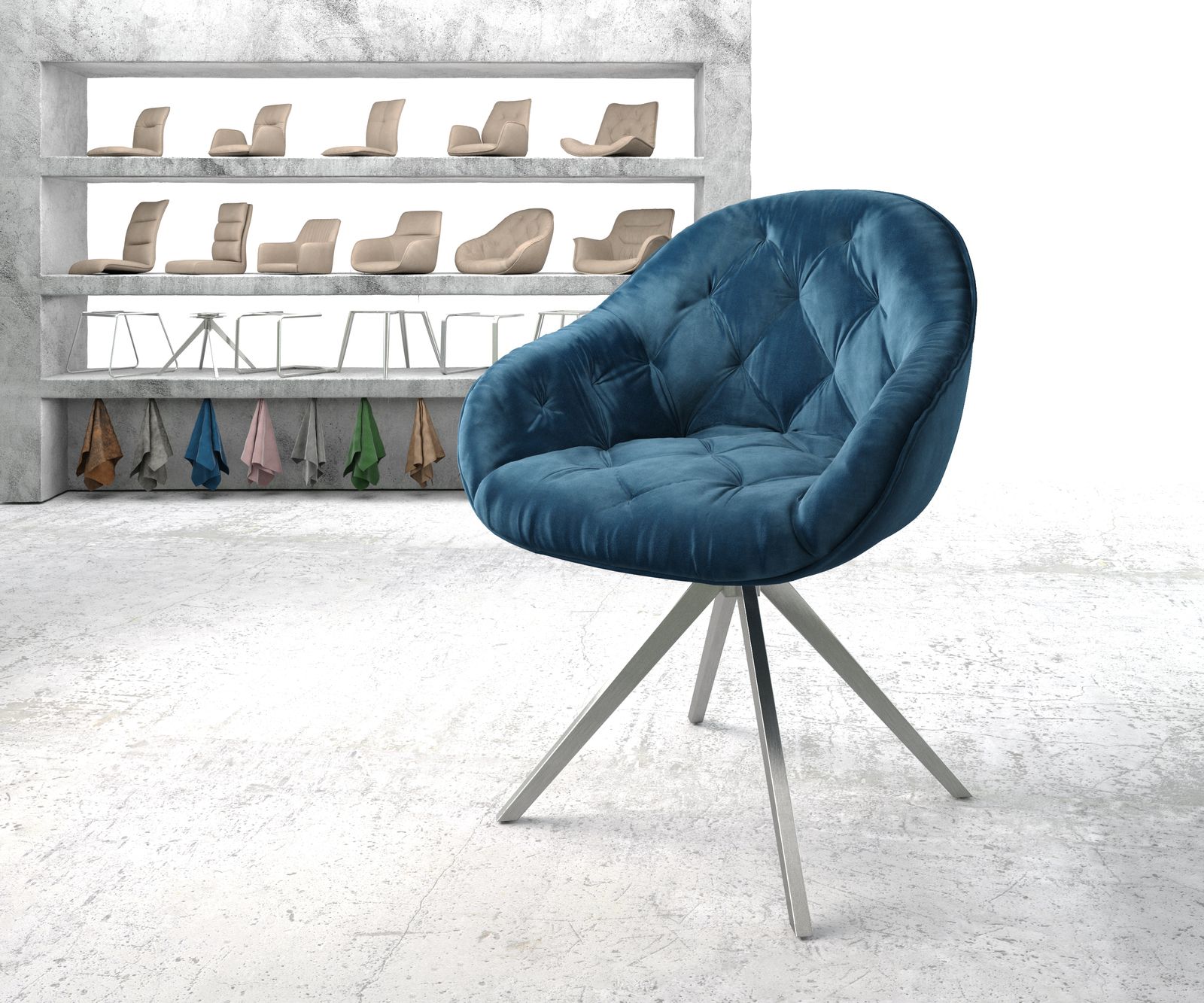 Chaise-pivotante Gaio-Flex bleu velours cadre croisé angulaire acier inoxydable