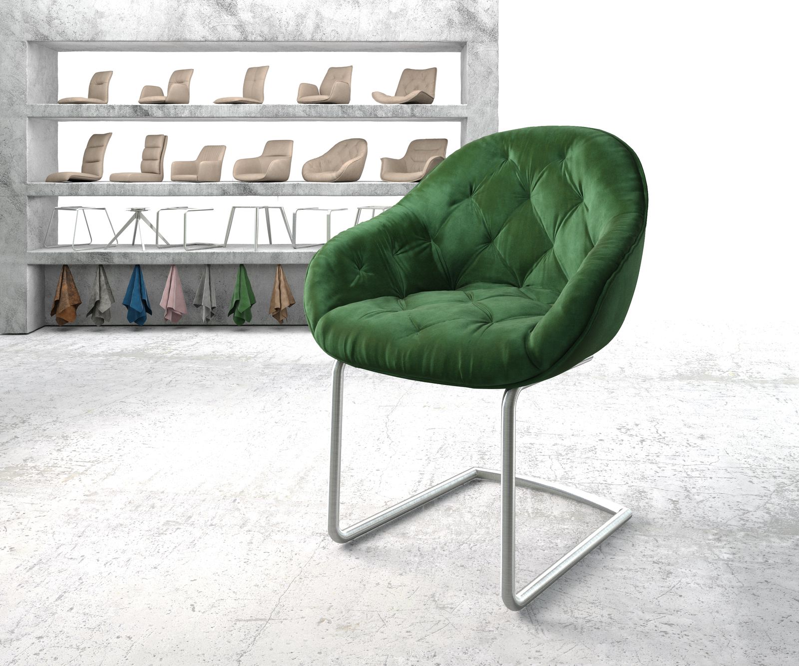 Fauteuil Gaio-Flex vert velours cantilever rond acier inoxydable