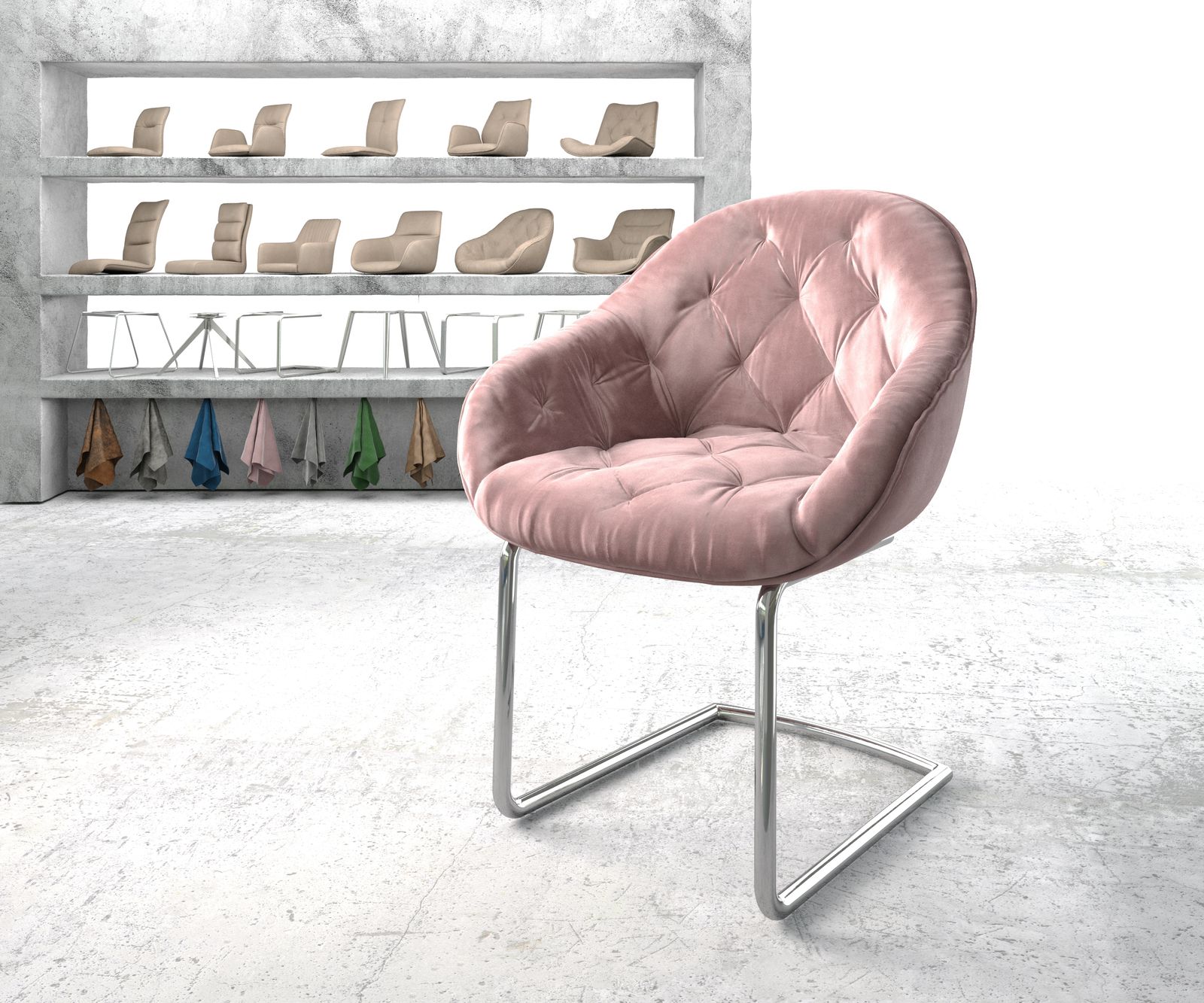 Fauteuil Gaio-Flex rosé velours cantilever rond chromé