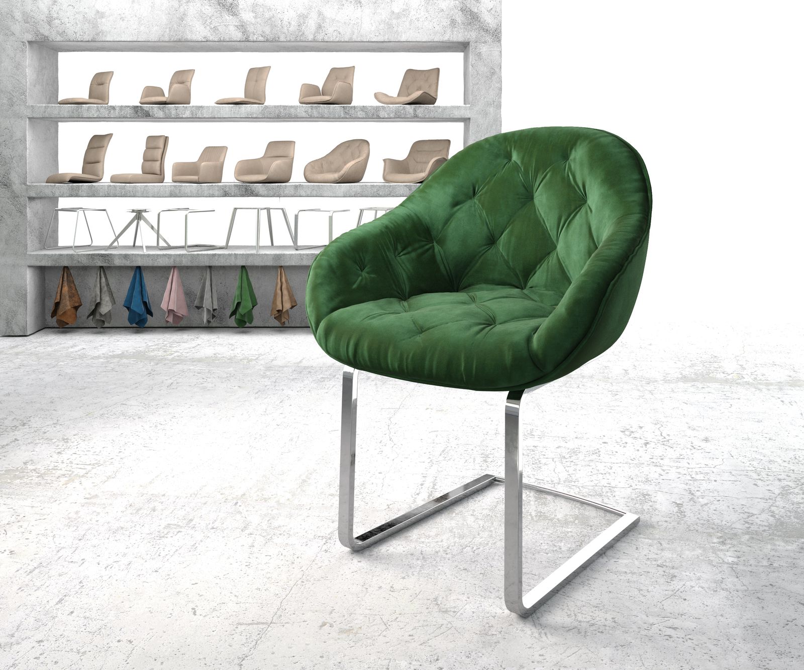 Fauteuil Gaio-Flex vert velours cantilever plat chromé