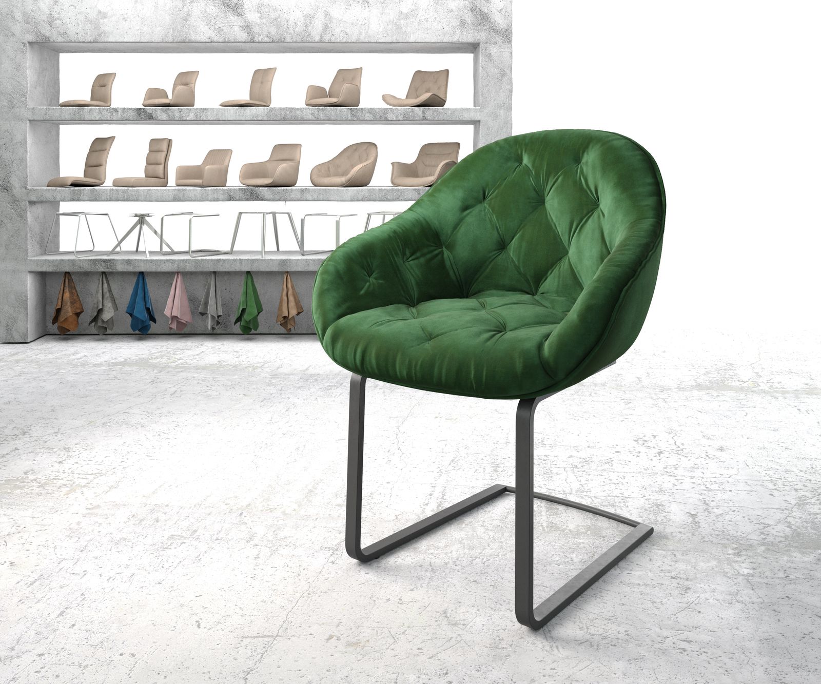 Fauteuil Gaio-Flex vert velours cantilever plat noir