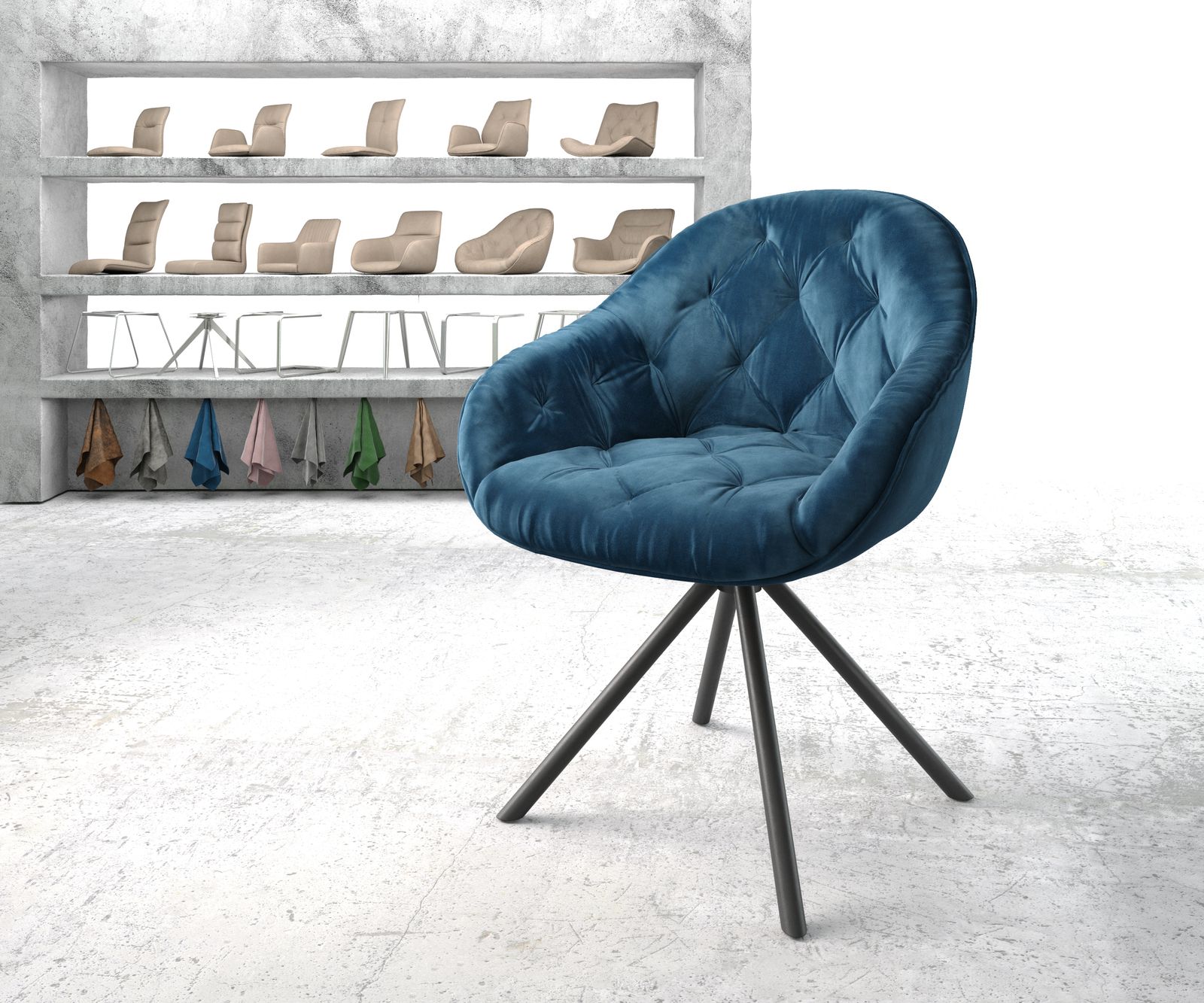 Chaise-pivotante Gaio-Flex bleu velours cadre croisé rond noir