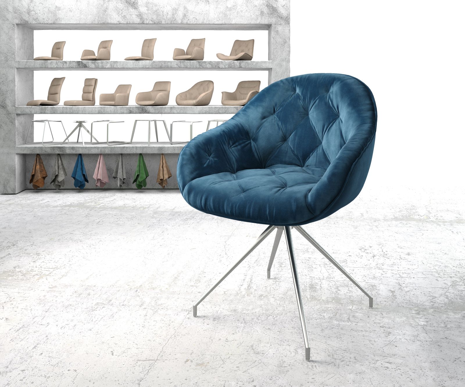 Chaise-pivotante Gaio-Flex bleu velours cadre croisé conique acier inoxydable