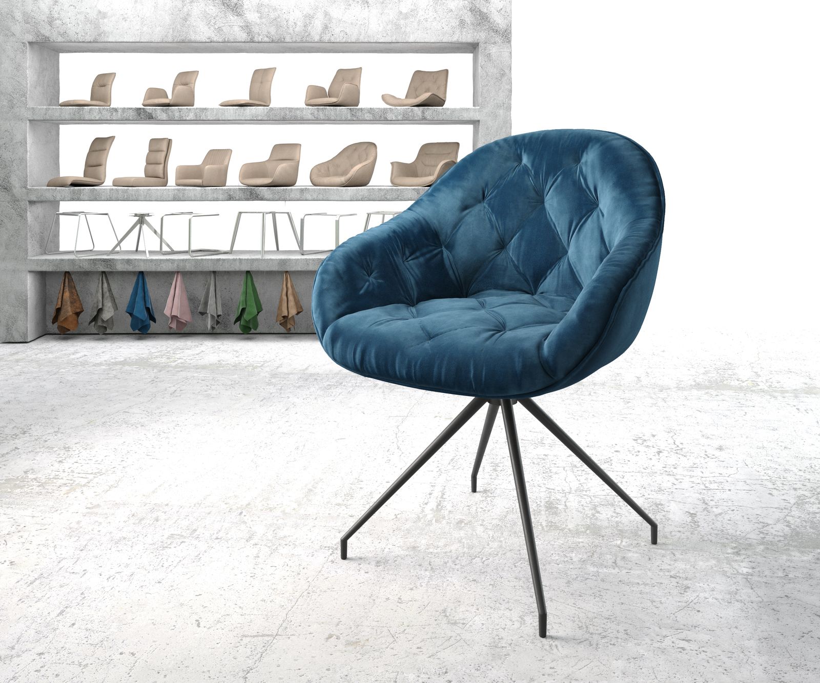 Chaise-pivotante Gaio-Flex bleu velours cadre croisé conique noir
