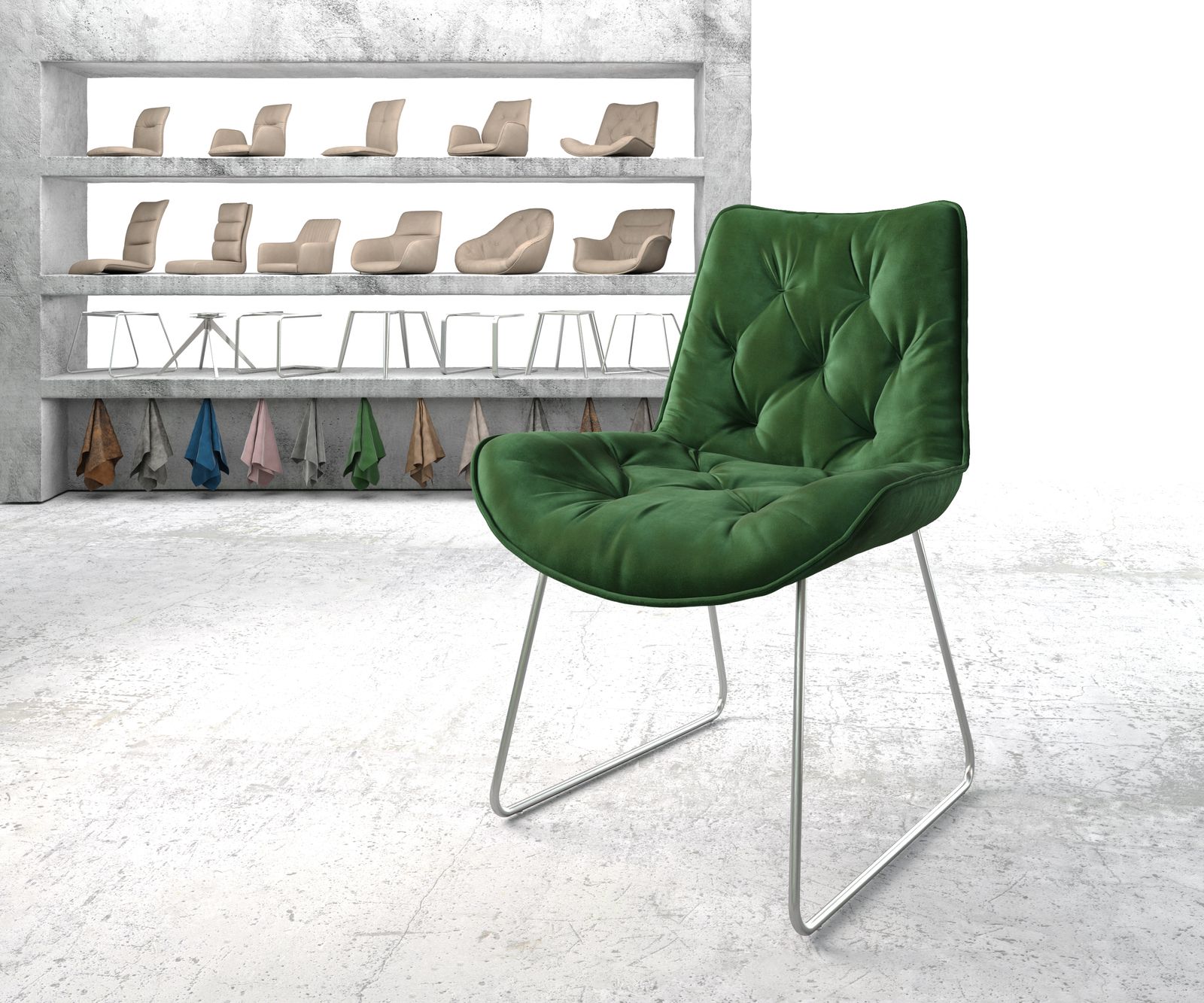 Chaise-de-salle-à-manger Taimi-Flex vert velours cadre croisé acier inoxydable